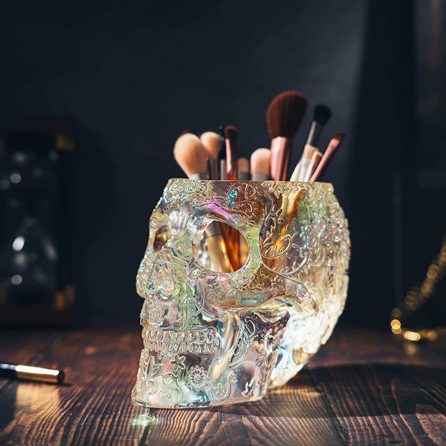 Gothic Skull Makeup Brush & Pen Holder - Extra Large Vanity Desk Organizer for Office, Bathroom Decor - Iridescent Skull & Bones Planter, Candy Bowl, Stationery Storage - Perfect for Halloween, Goth Decor & Dark Aesthetic Lovers