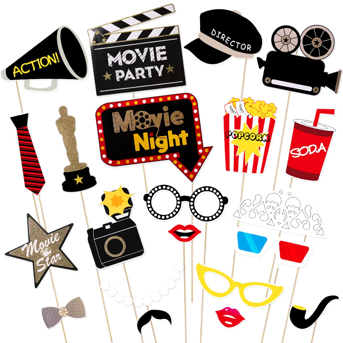 21Pcs Movie Night Themed Photo Booth Props Kit - Fun Party Supplies for Birthday, Wedding, Graduation & Bachelorette Decorations - Perfect for Themed Parties, Social Media Photos & Event Entertainment