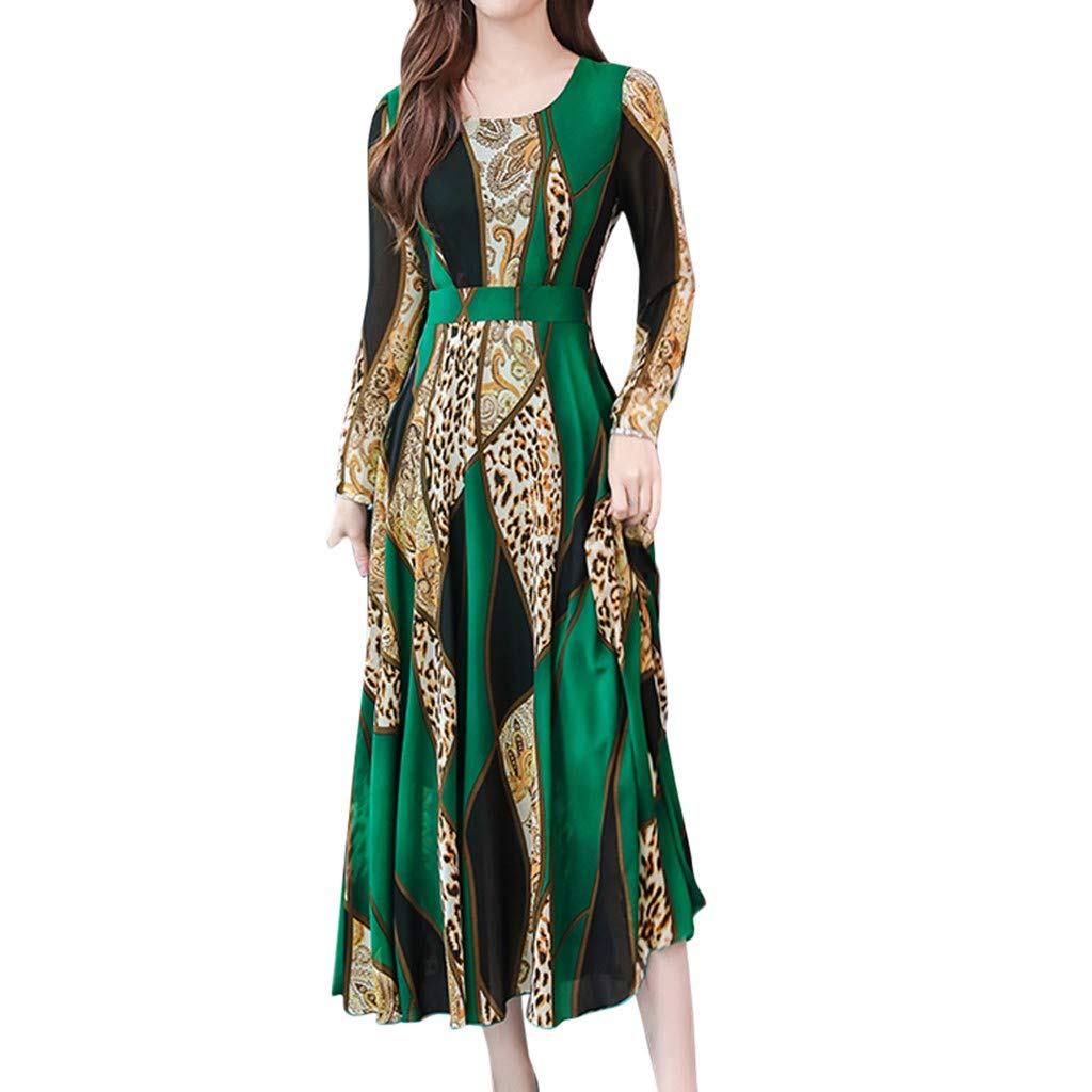 Women's Leopard Print Long Sleeve A-Line Dress - Crew Neck Flowy Holiday Party Dress in Green | Perfect for Summer Weddings, Christmas Parties & Special Occasions