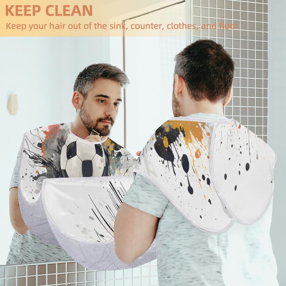 **Non-Stick Beard Bib for Men with Suction Cups - Ink Splash Soccer Ball Design, Hair Catcher for Shaving & Grooming - Perfect Birthday Gift for Husband or Dad (Great for Home & Salon Use)**