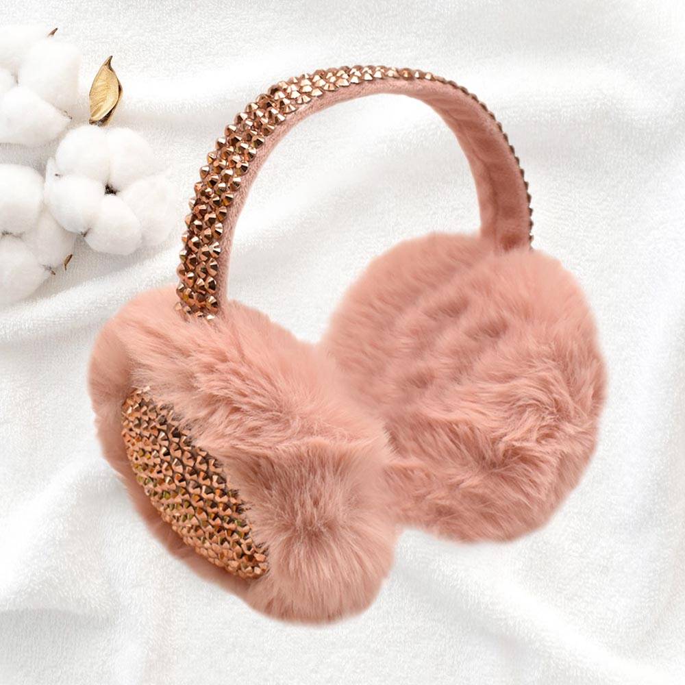 Soft Peach Studded Fluffy Plush Foldable Earmuffs for Women - Winter Warm Fleece Ear Muffs for Outdoor Activities, Skiing, and Cold Weather Fashion Accessory