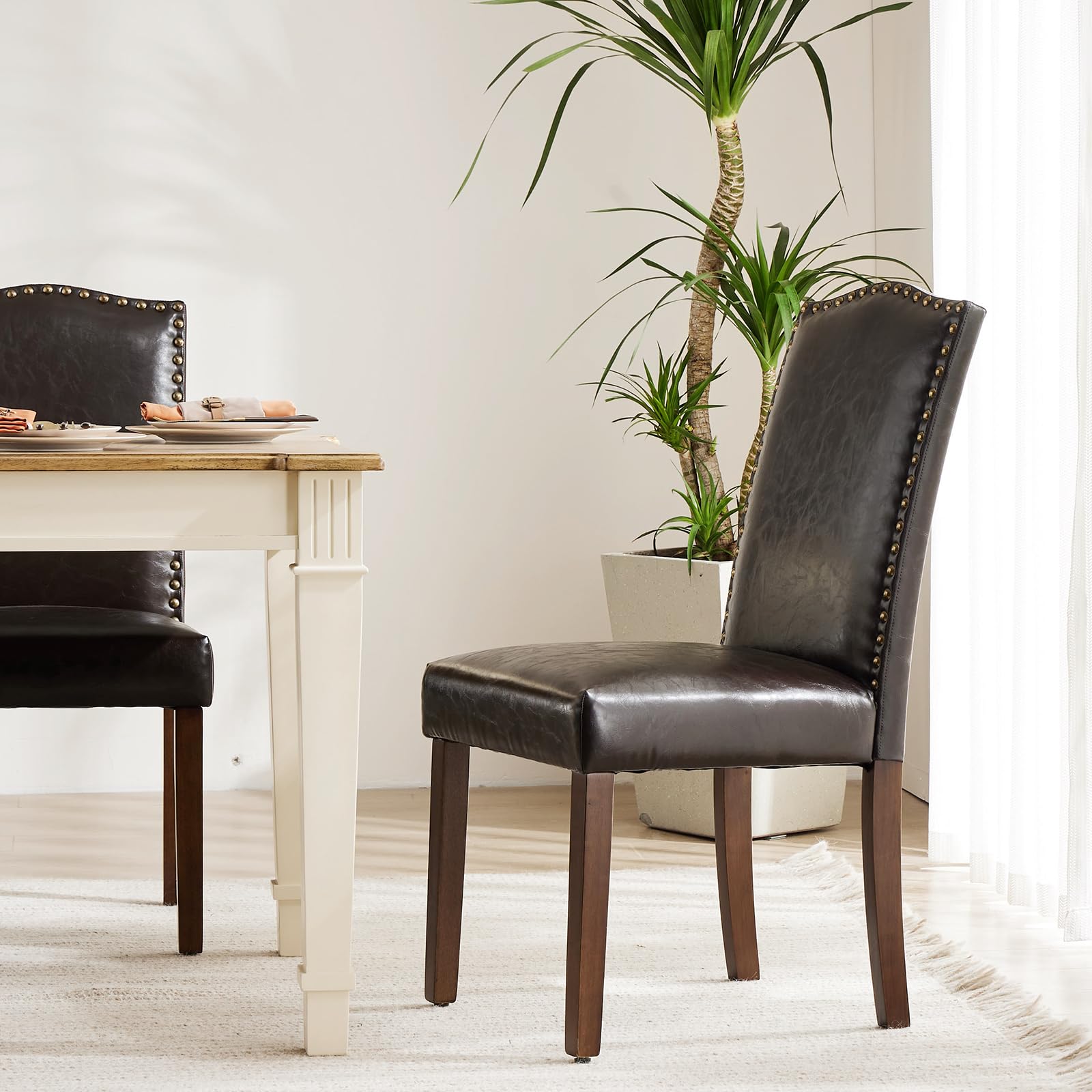 DUMOS Set of 2 Modern Upholstered Leather Dining Chairs with Nailhead Trim & Wood Legs - Mid-Century Accent Chairs for Kitchen, Dining Room, Living Room - Dark Brown Home Decor for Family Gatherings & Dinner Parties