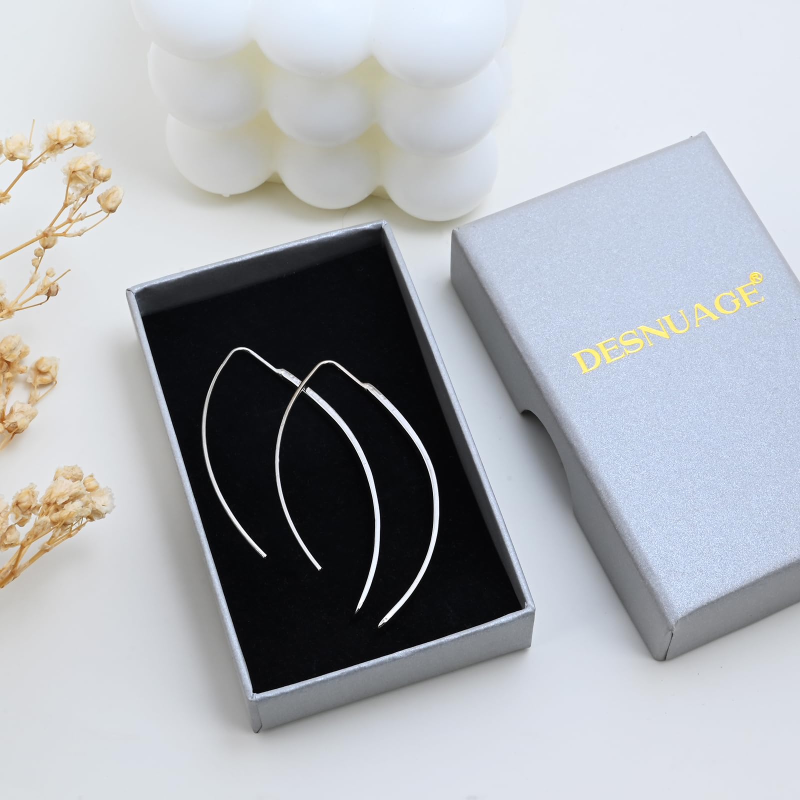 Hypoallergenic Sterling Silver Threader Earrings for Women - Long Pull Through Dangle Earrings, Minimalist Curve Design - Perfect for Parties, Weddings & Everyday Wear