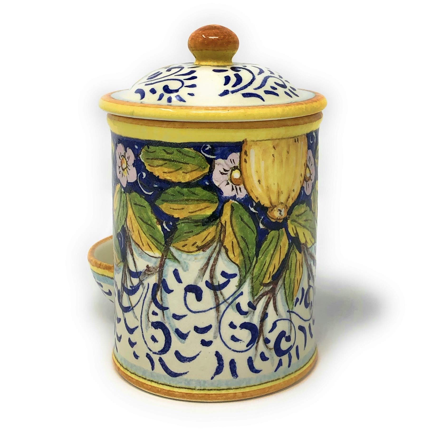 Hand-Painted Italian Ceramic Salt Jar with Three Lemons Design - Tuscan Art Pottery by CERAMICHE D'ARTE PARRINI, Made in Italy | Perfect for Kitchen, Dining Table & Gift Giving