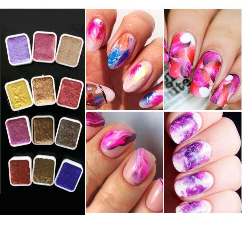 Metallic Marble Nail Art Watercolor Paint Set - 12 Vibrant Colors for Professional & DIY Nail Designs | Perfect for Salon, Home Manicure & Creative Nail Art Projects