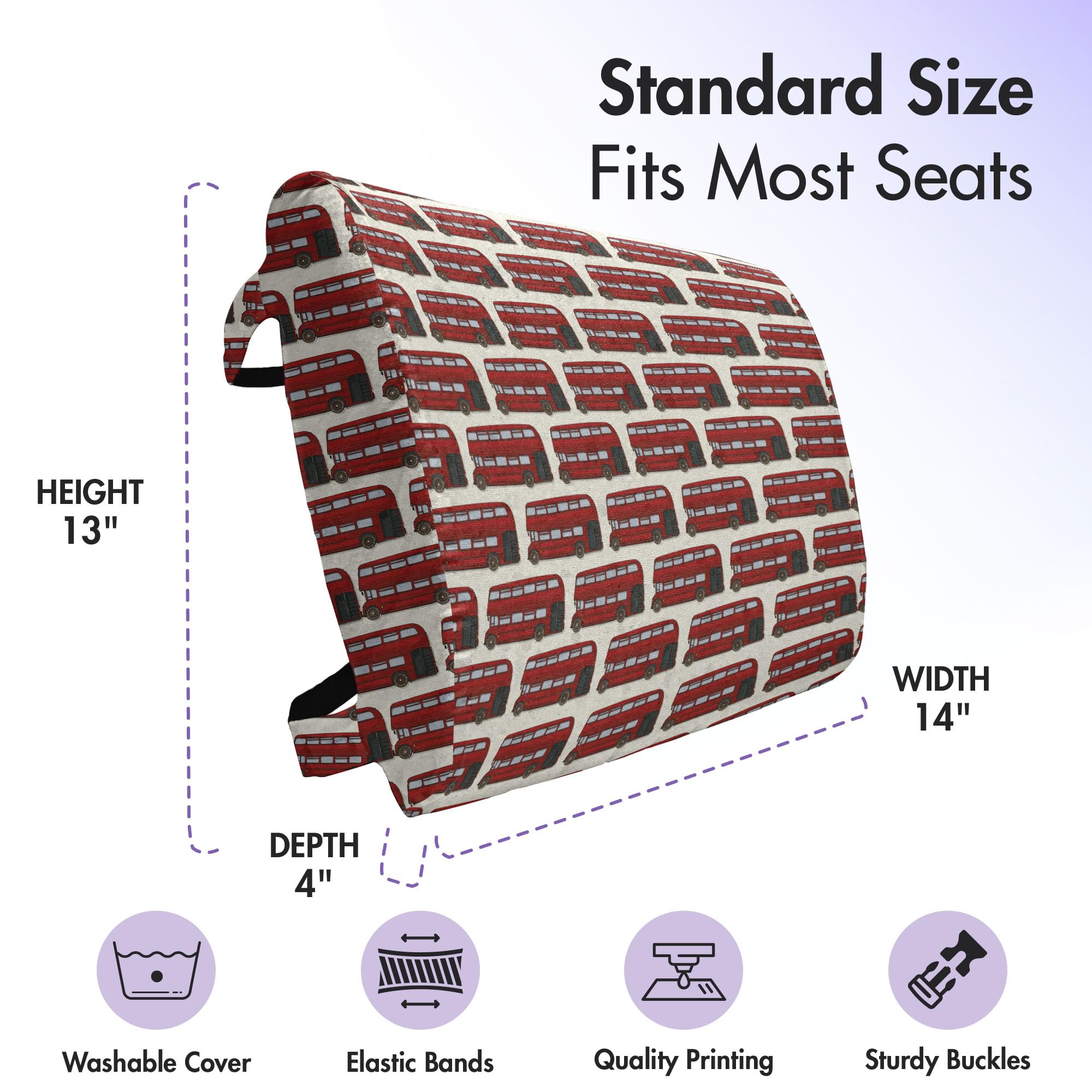 Ambesonne London Lumbar Support Pillow - Retro Double Decker Bus Design, High Density Foam for Office & Car - 14x13 Inch Red Grey Cream | UK Travel Inspired Back Cushion for Home, Office & Road Trips