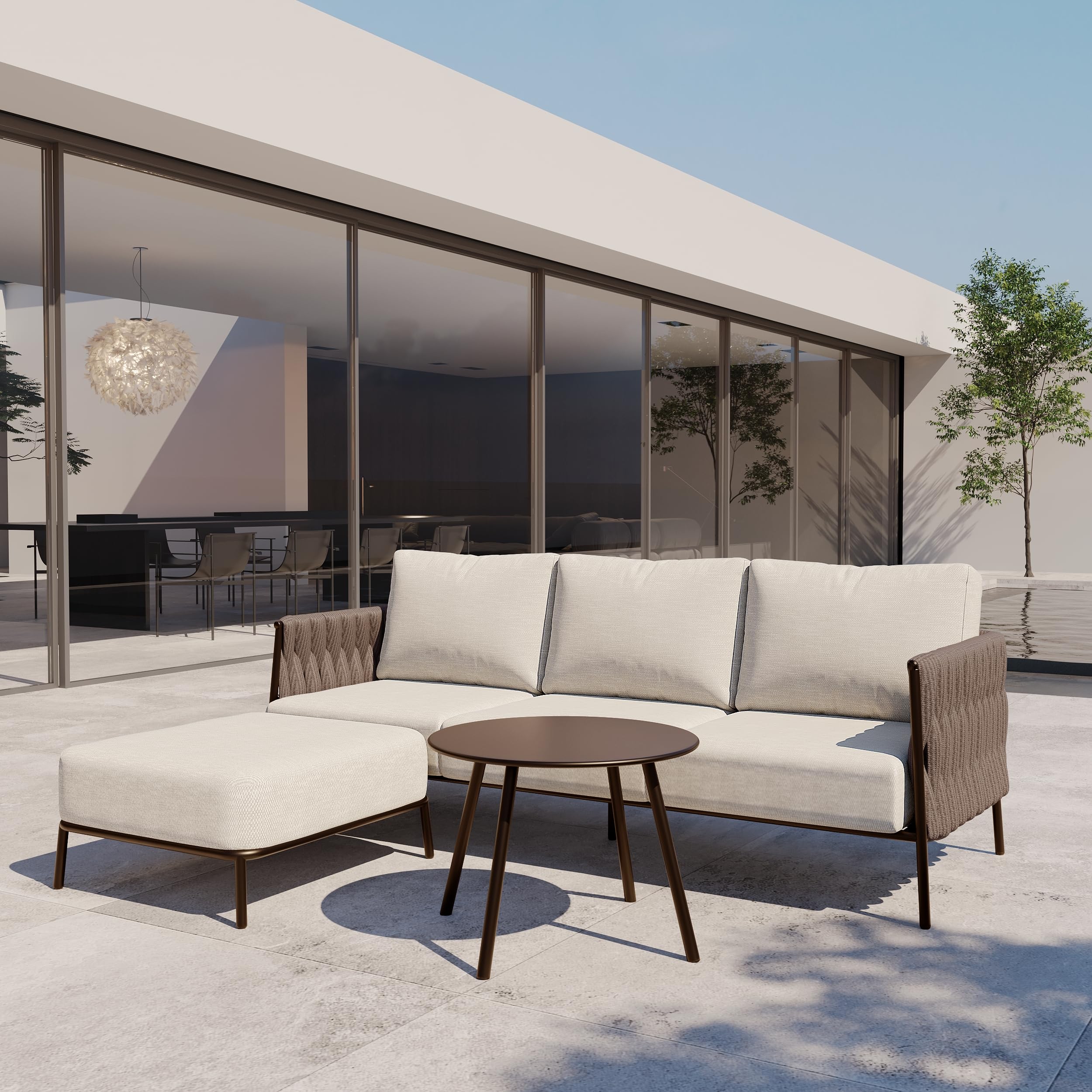 EAST OAK Outdoor Patio Furniture Set - 4-Piece Sectional Sofa with Round Coffee Table, Thick Washable Cushions (Chestnut Brown & Creamy Apricot) - Perfect for Backyard, Garden, Poolside & Patio Relaxation