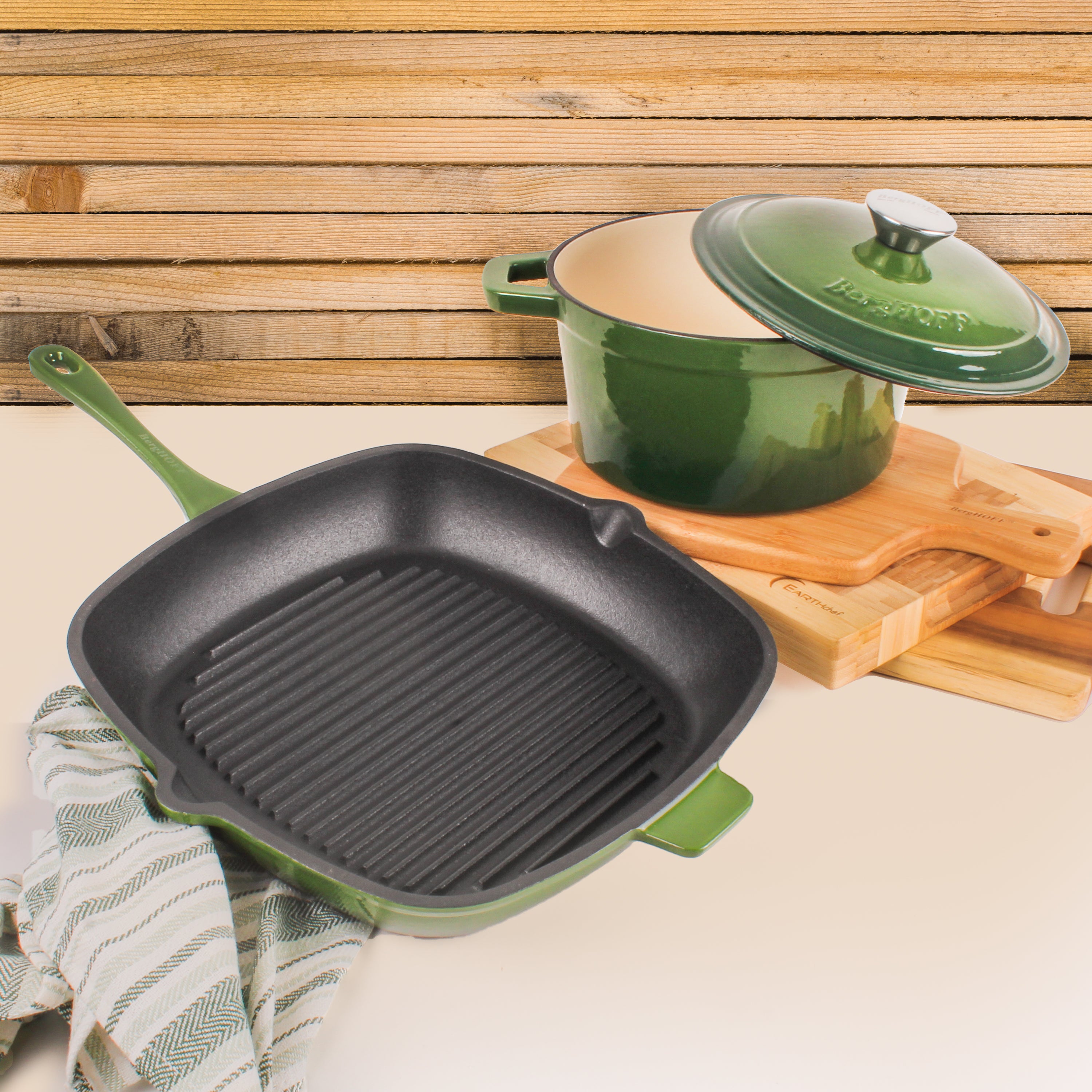 BergHOFF Neo 3-Piece Cast Iron Cookware Set - Grill Pan & Round Dutch Oven with Lid, Green Enameled - Perfect for Stovetop, Oven & Outdoor Cooking - Ideal for Searing, Braising & Camping