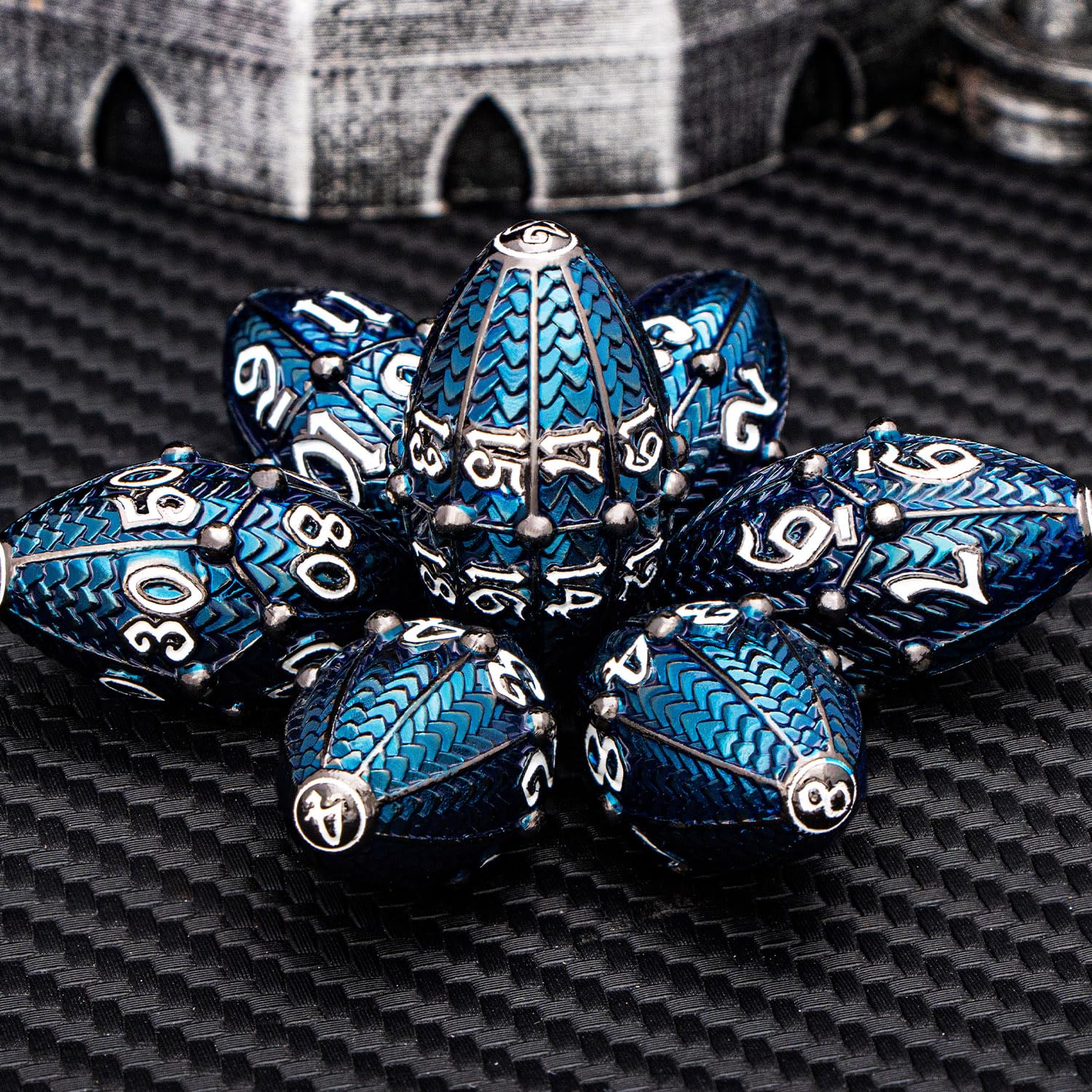 Premium ARUOHHA DND Metal Dice Set - Black & Blue Dragon Egg Design with Rotating Shell for Dungeons & Dragons RPG | Polyhedral Dice (D20, D12, D10, D8, D6, D4) | Perfect for Tabletop Gaming, D&D Campaigns & Fantasy Roleplaying