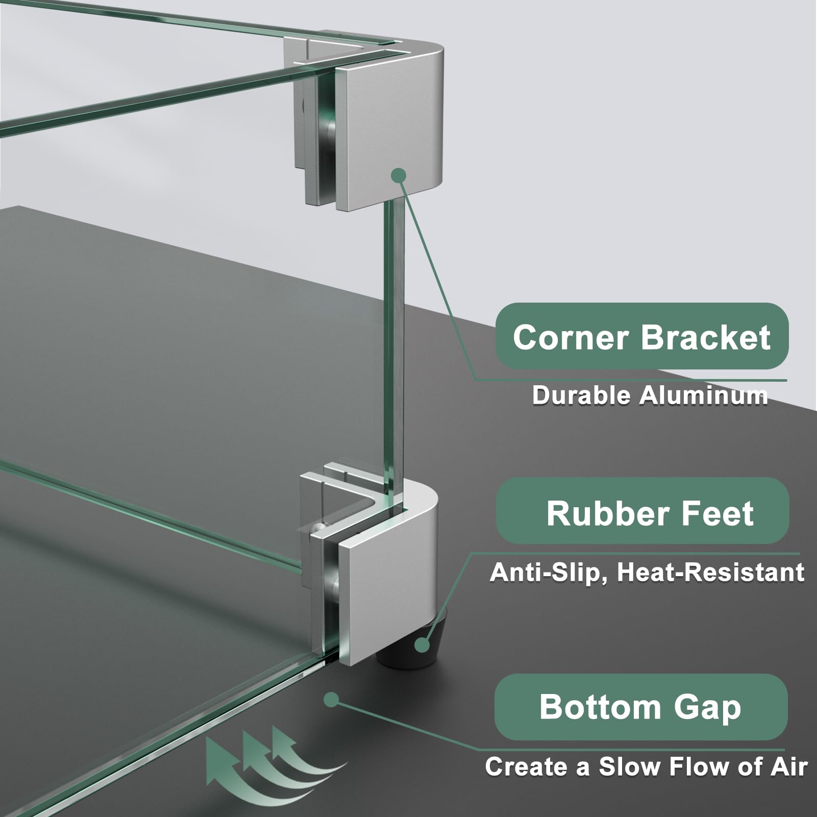 GASPRO 45 x 15.5 Inch Tempered Glass Wind Guard for Rectangular Fire Pit Table - Heavy Duty Aluminum Frame with Corner Brackets & Feet - Easy Assembly for Outdoor Patio, Backyard, and Camping Use