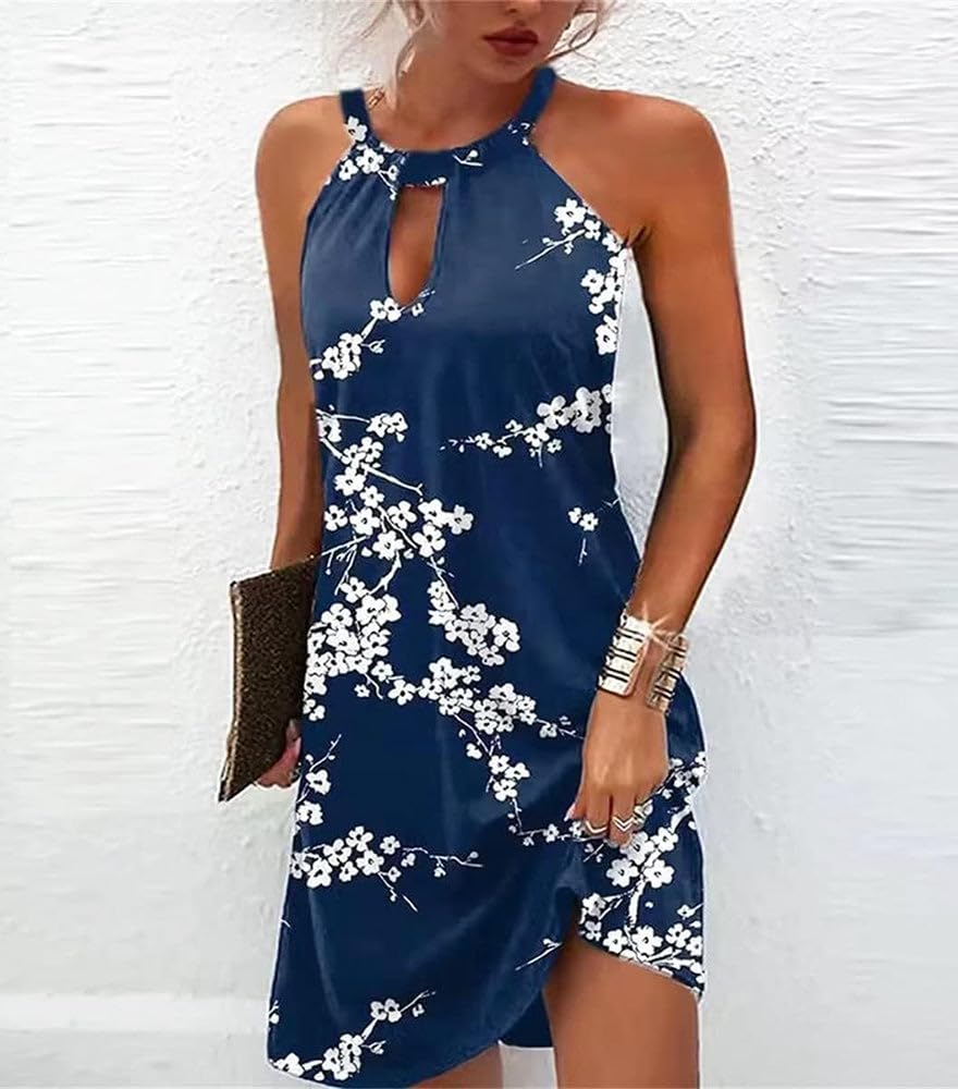 Women's Floral Print Halter Sundress - Casual A-Line Summer Dress with Hollow Out Design for Beach Vacation, Pool Party & Outdoor Date Night