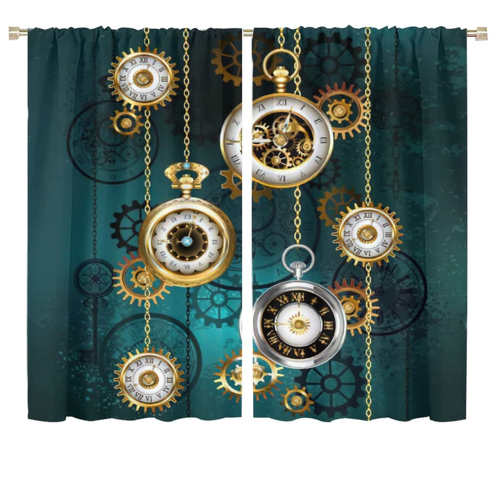 FucyBu Vintage Green Steampunk Mechanical Clock Blackout Curtains - Set of 2 Panels (72x63 Inch) for Bedroom & Living Room, Rod Pocket Window Treatments | Perfect for Gothic Decor, Home Theater & Light Blocking