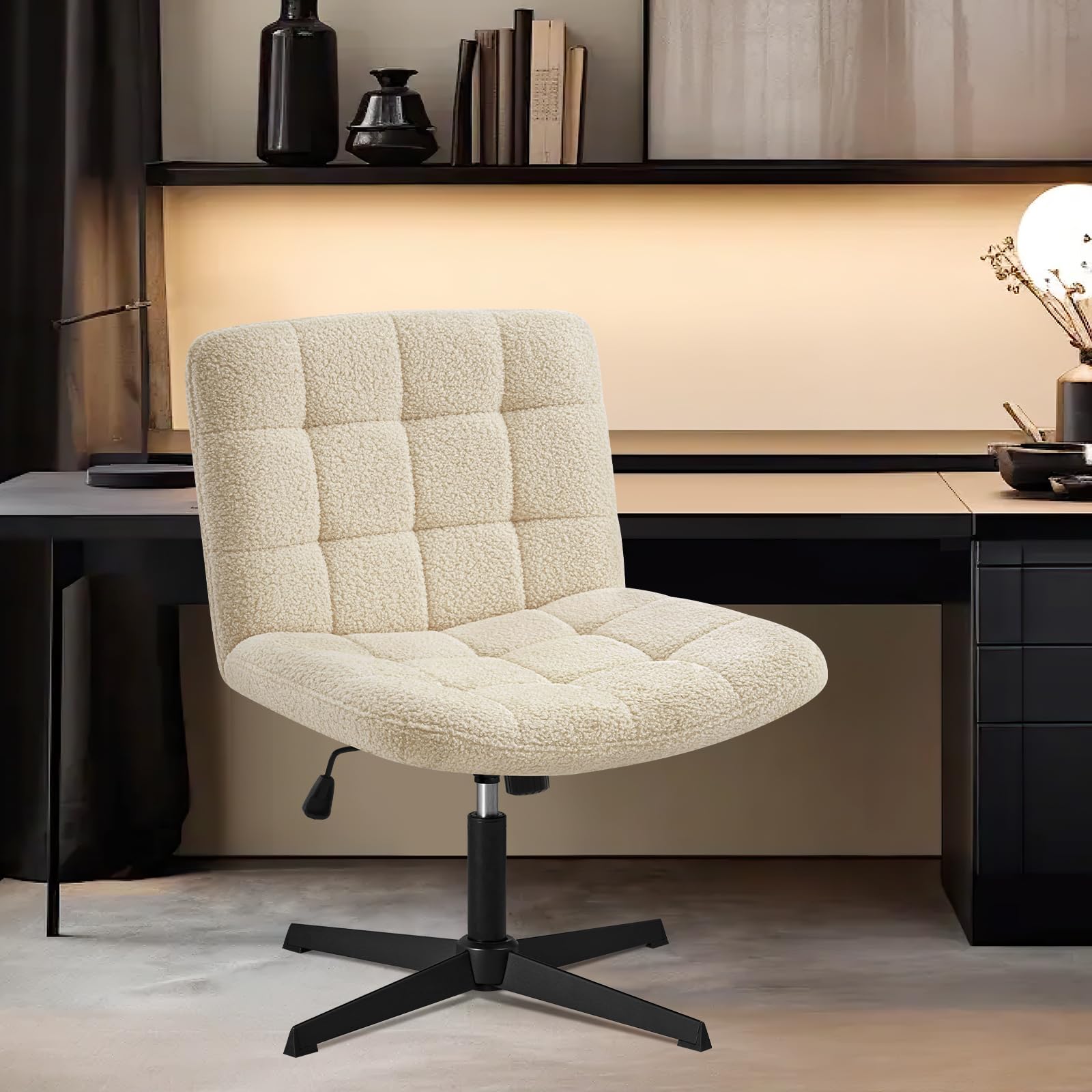 Furniliving Home Office Desk Chair - No Wheels, Criss Cross Leg Design, Wide Armless Chair with Adjustable Height & Mid Back Support - Swivel Vanity Chair in Sherpa Ivory White - Perfect for Small Spaces, Reading Nooks & Makeup Stations