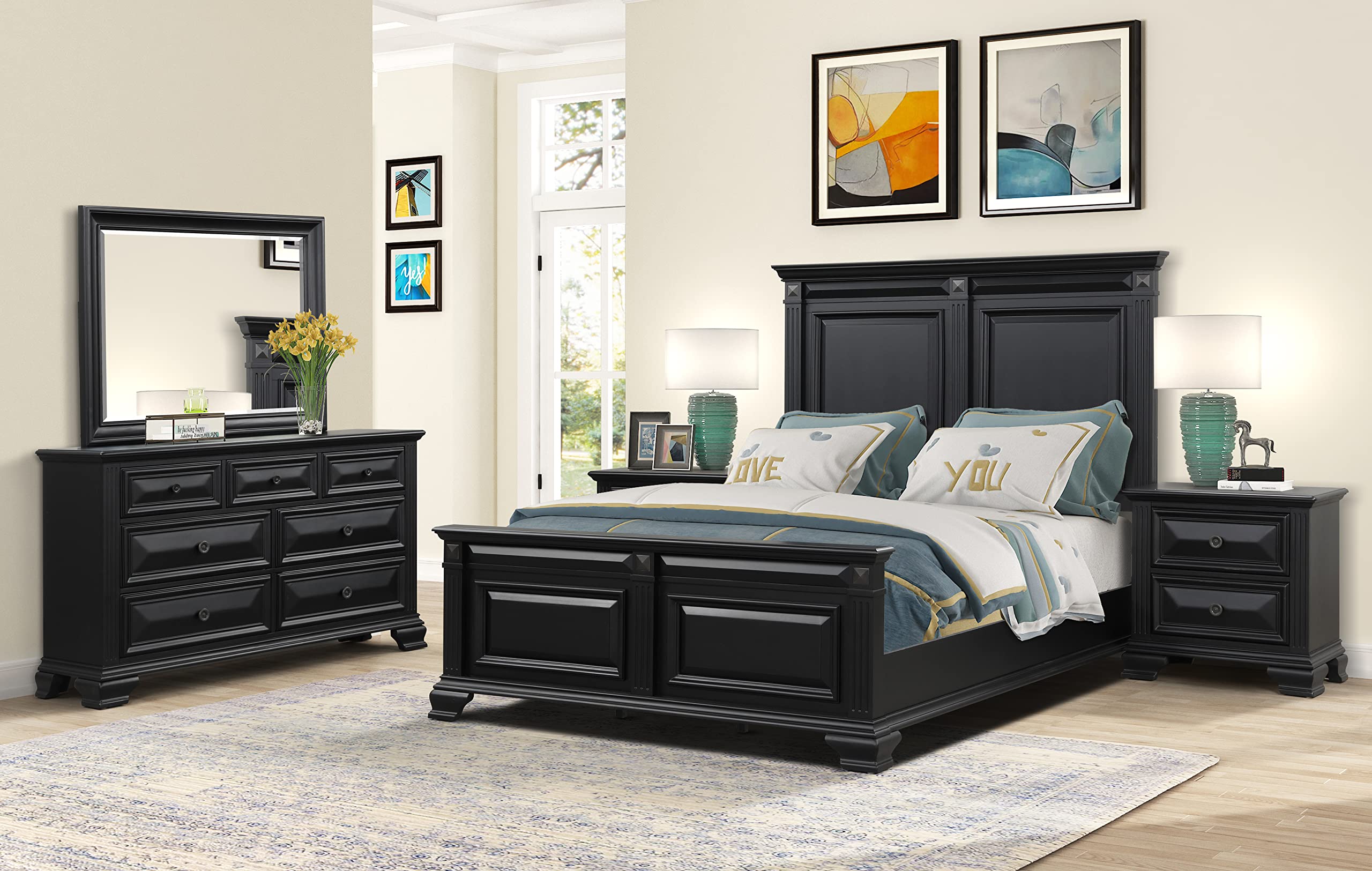 Roundhill Furniture Renova Wood Queen Bedroom Set - Vintage Black Panel Bed, Dresser, Mirror & 2 Nightstands | Complete Bedroom Furniture for Master Suite, Guest Room & Apartment Decor
