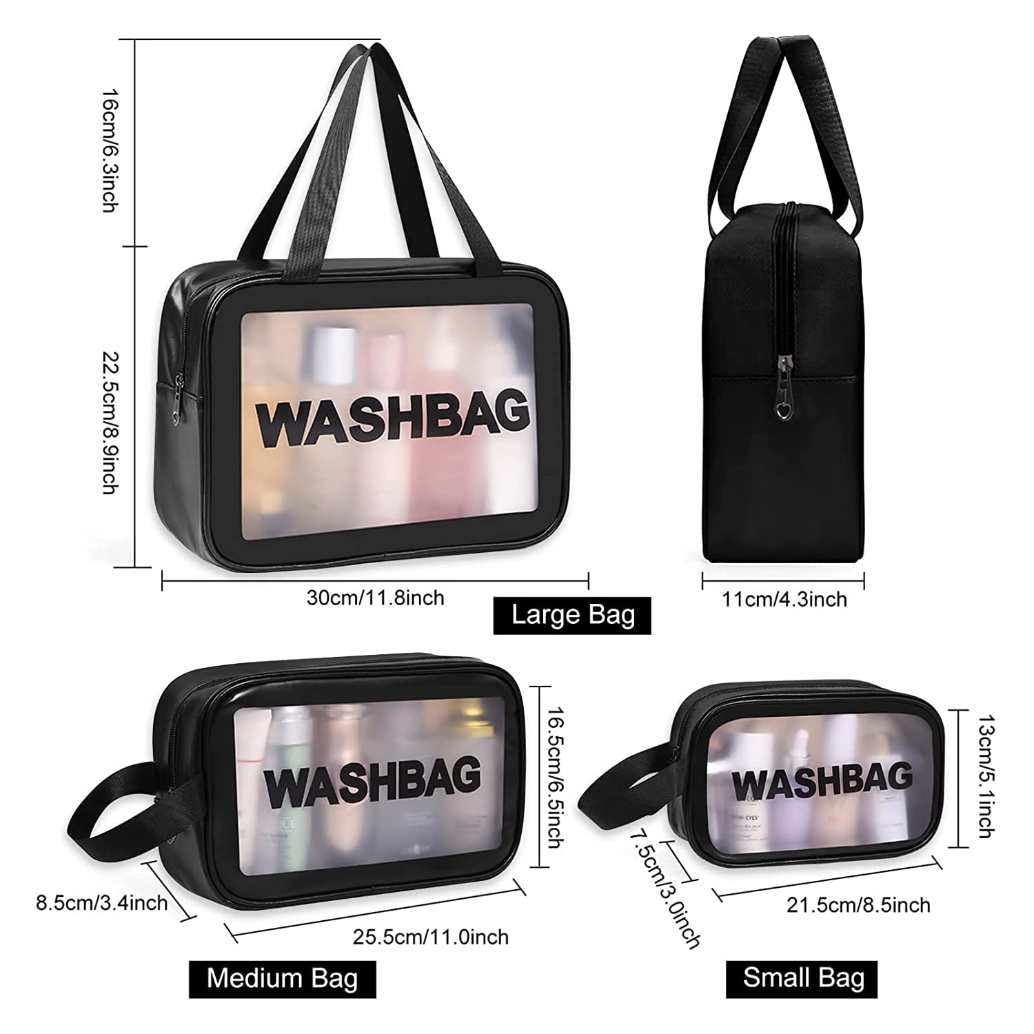 CHIMMET Waterproof PVC Cosmetic Bag Set for Women | 3-Piece Travel Toiletry Organizer | Multi-Functional Wash Pouch for Makeup, Bath Accessories & Grooming Kit | Perfect for Travel, Gym & Daily Use (Black)