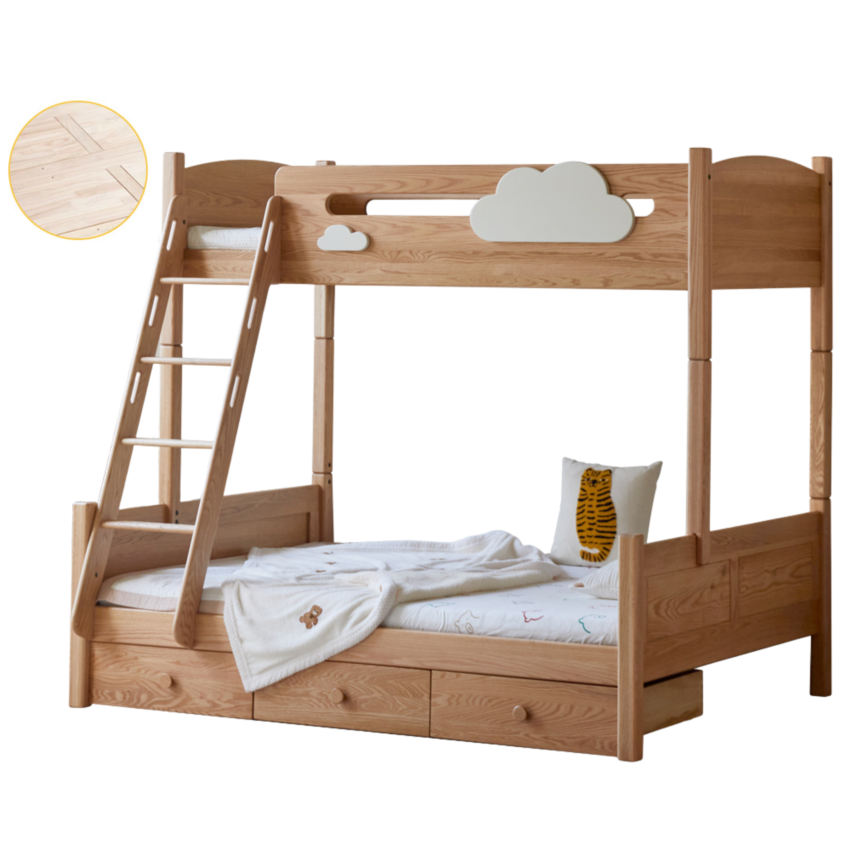 Solid Oak Wood Multi-Functional Bunk Bed with Ladder & Guardrails - Space-Saving Kids Bedroom Furniture for Siblings or Sleepovers