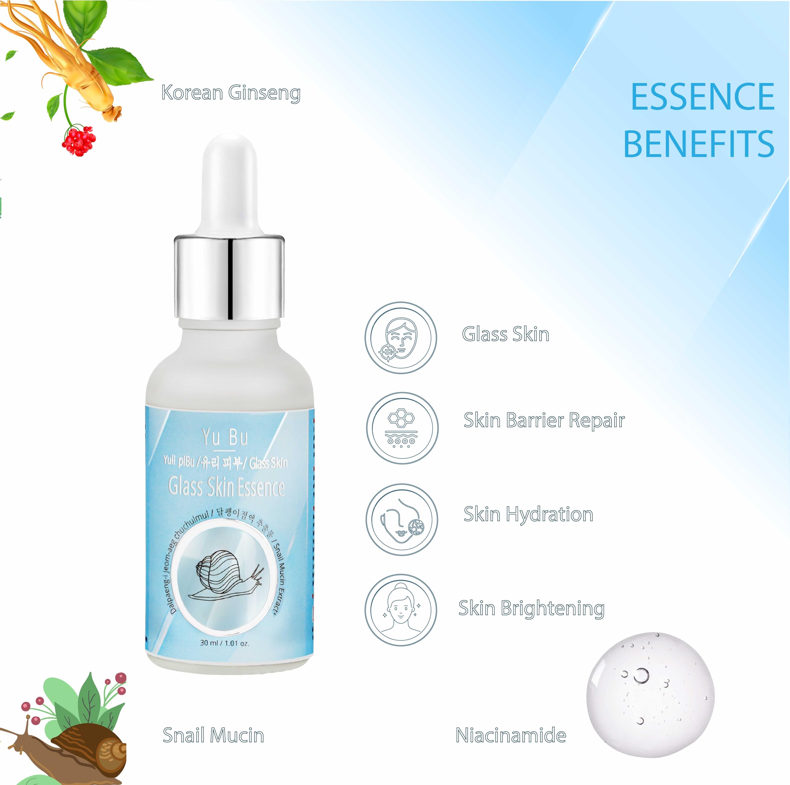 Yu Bu Glass Skin Essence with Snail Mucin & Korean Ginseng | Hydrating & Repairing Skin Barrier | Korean Skincare for Radiant Glass Skin | Perfect for Daily Routine & Night Care