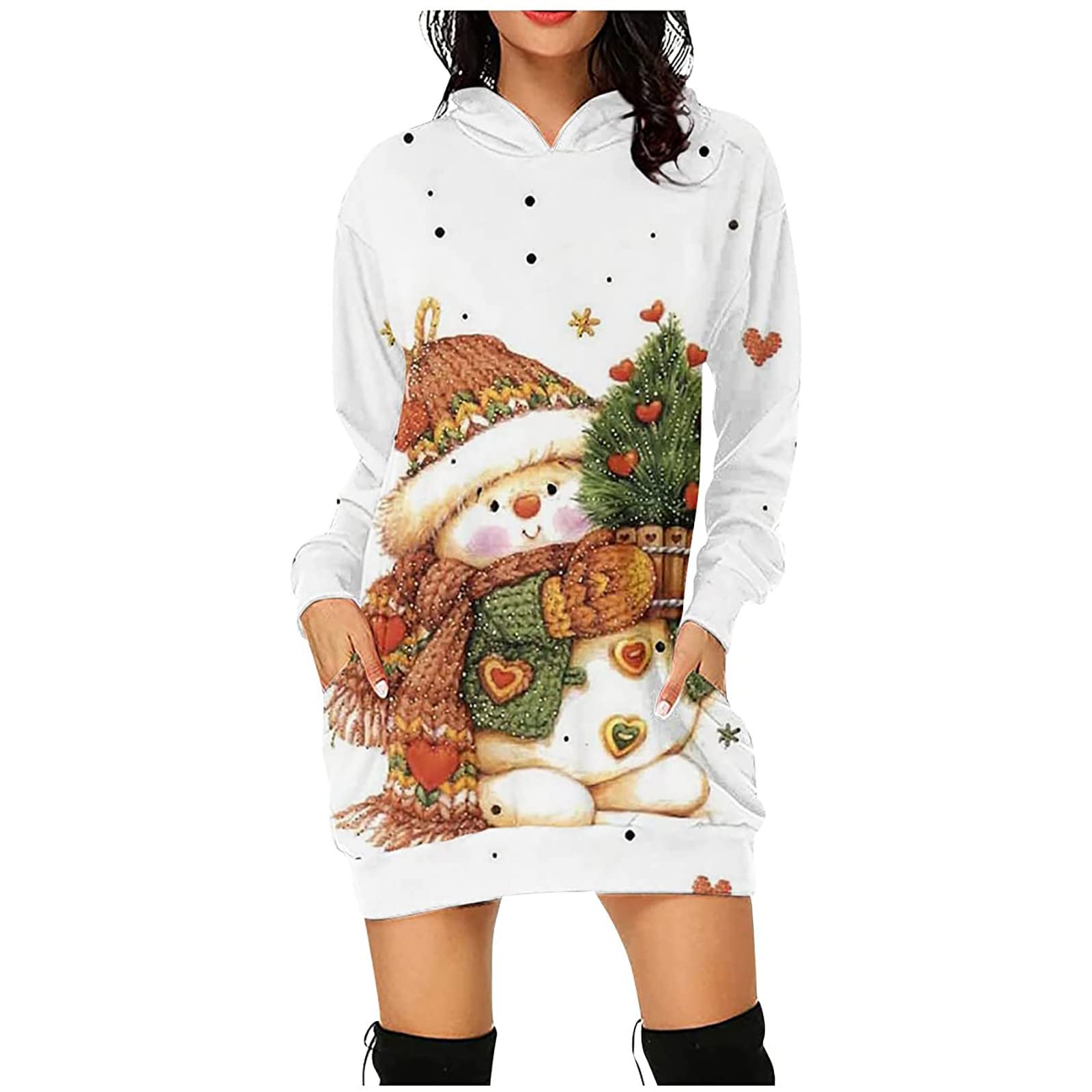 Festive Christmas Jumper Dresses for Women - Cozy Xmas Print Hooded Pullover with Pockets | Holiday Party Outfit, Casual Winter Wear & Gift Idea