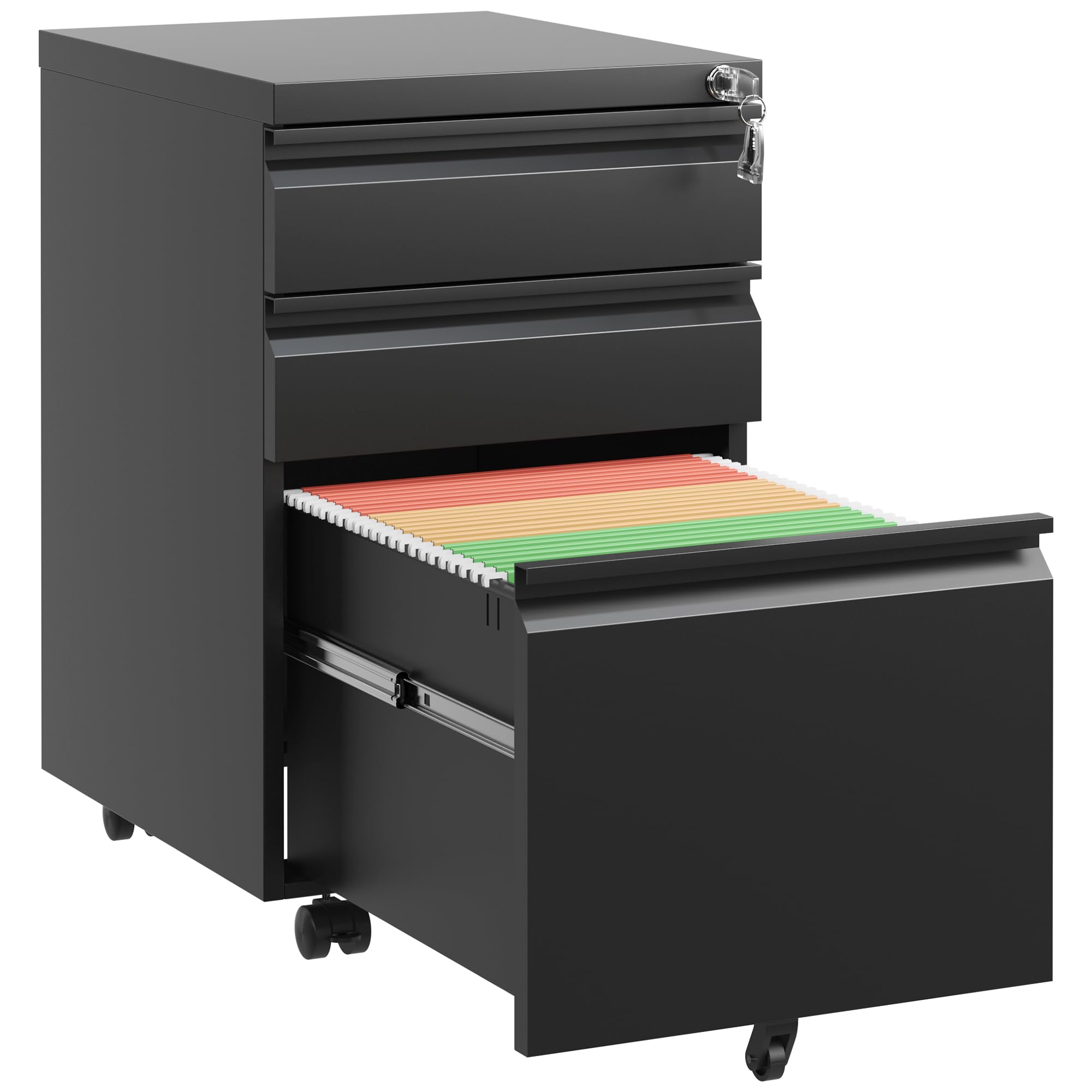 3-Drawer Locking File Cabinet with Wheels - Mobile Under Desk Storage, Fully Assembled Black Office Filing Cabinet for Home & Business Organization