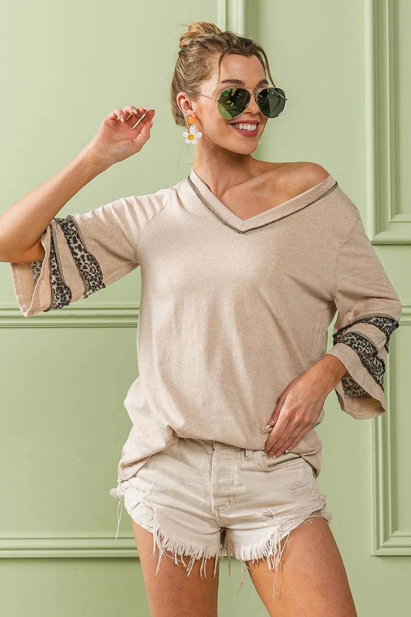 Stylish BiBi Triblend Knit Top with Leopard Band Detail - Women's Fashion T-Shirt for Casual Wear, Outfits & Daily Comfort