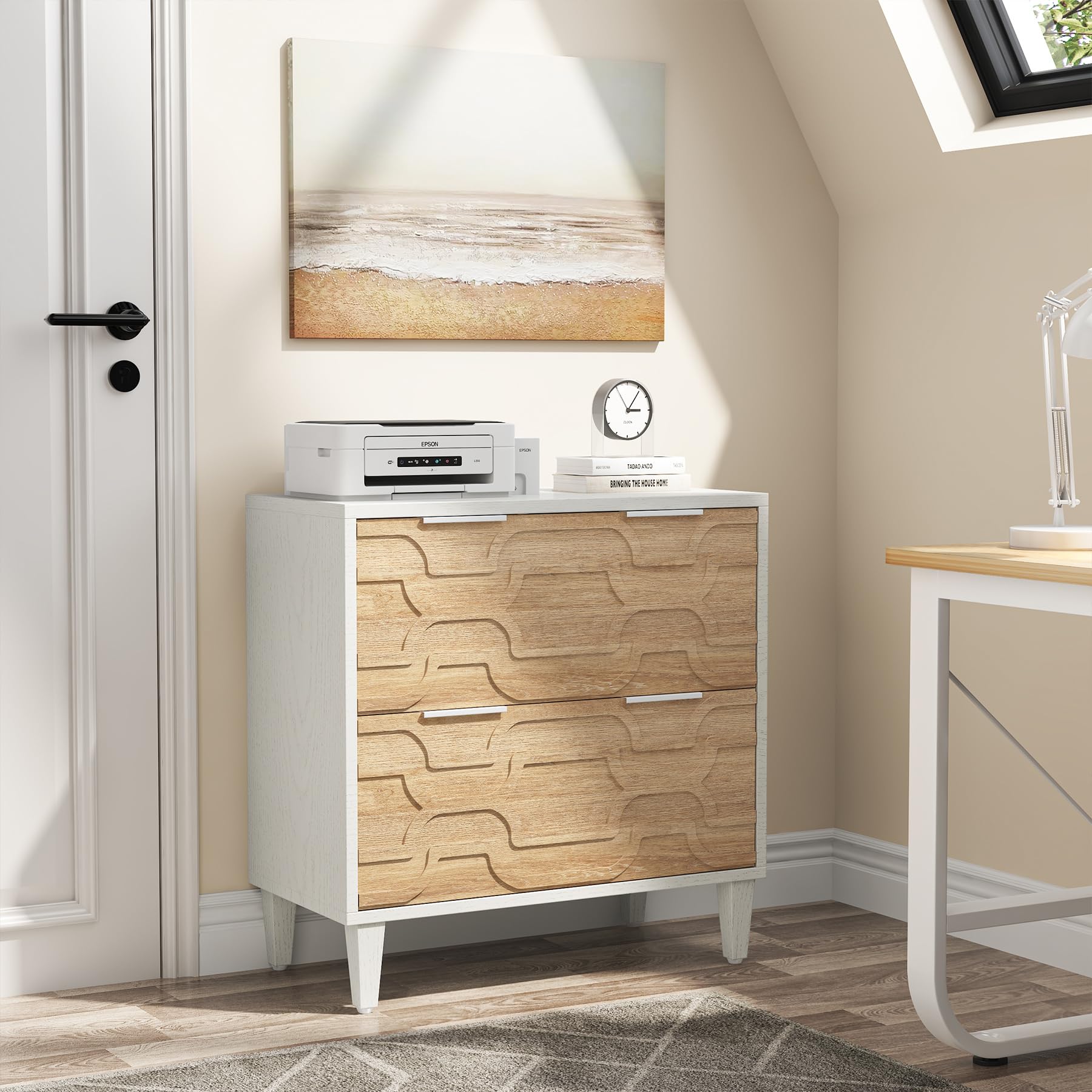 Tribesigns 2-Drawer Lateral File Cabinet for A4/Letter/Legal Size Documents - Office Storage Cabinet & Printer Stand with Storage Drawer - White & Walnut Finish for Home Office Organization