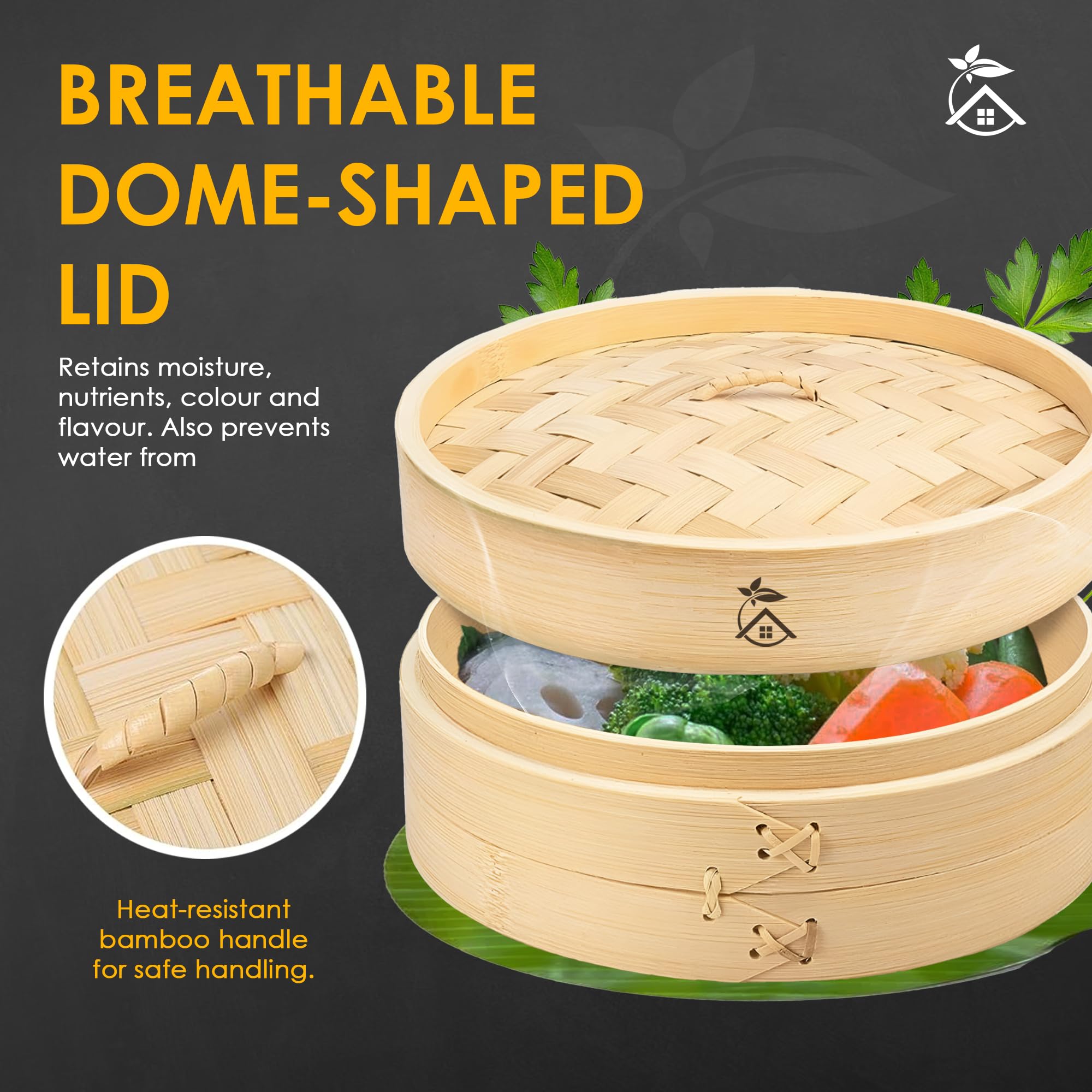K.Christine 10-inch Bamboo Steamer Basket - 2-Tier Stackable Asian Cooking Steamer with Lid, Liners, Chopsticks & Ceramic Dish for Dumplings, Buns, Vegetables & Seafood | Perfect for Home Cooking & Restaurant Use