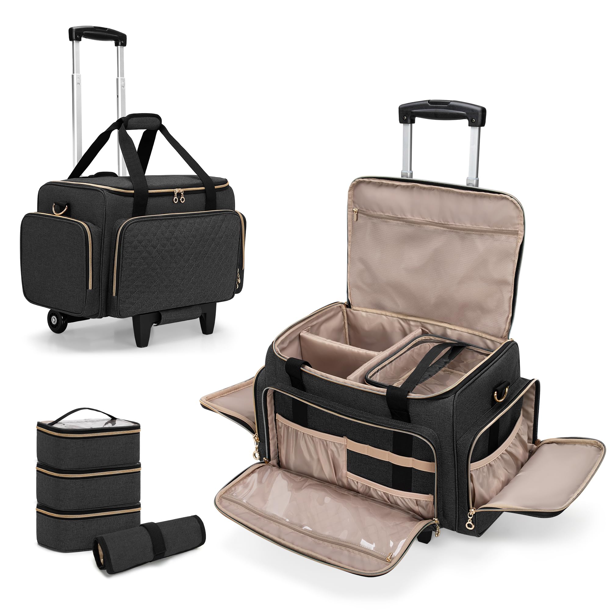 LUXJA Large Rolling Makeup Case with 3 Removable Pouches & Brush Bag - Professional Cosmetic Organizer with Detachable Dolly (Patented) - Perfect for Travel, Salon, and Makeup Artists - Black