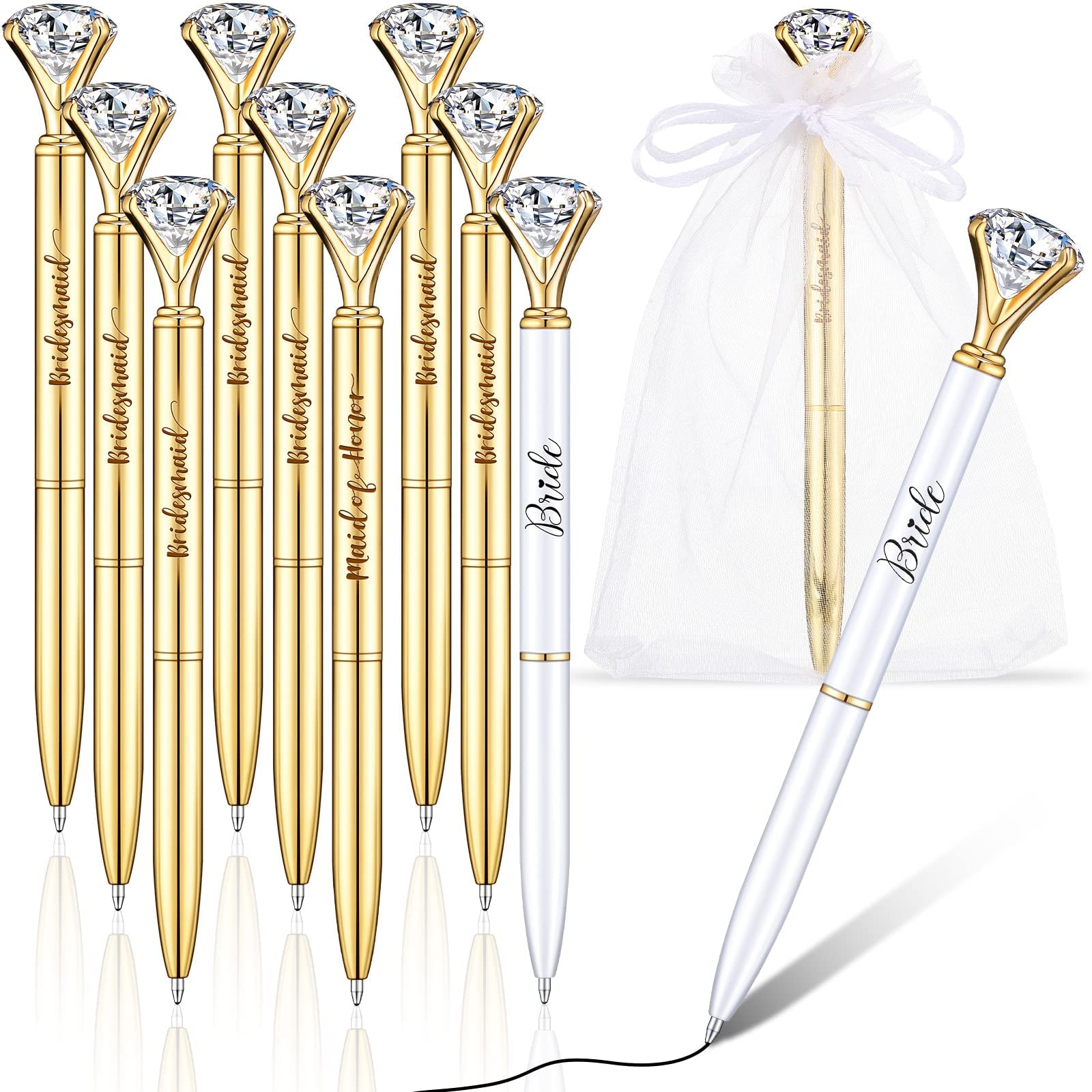 Pajean 10-Pack Elegant Diamond Wedding Pens - Gold & White Crystal Ballpoint Pens with Sheer Organza Bags - Perfect Bridal Shower Favors, Bridesmaid Gifts & Wedding Party Supplies (Great for Guest Books, Table Seating Cards & Thank You Notes)