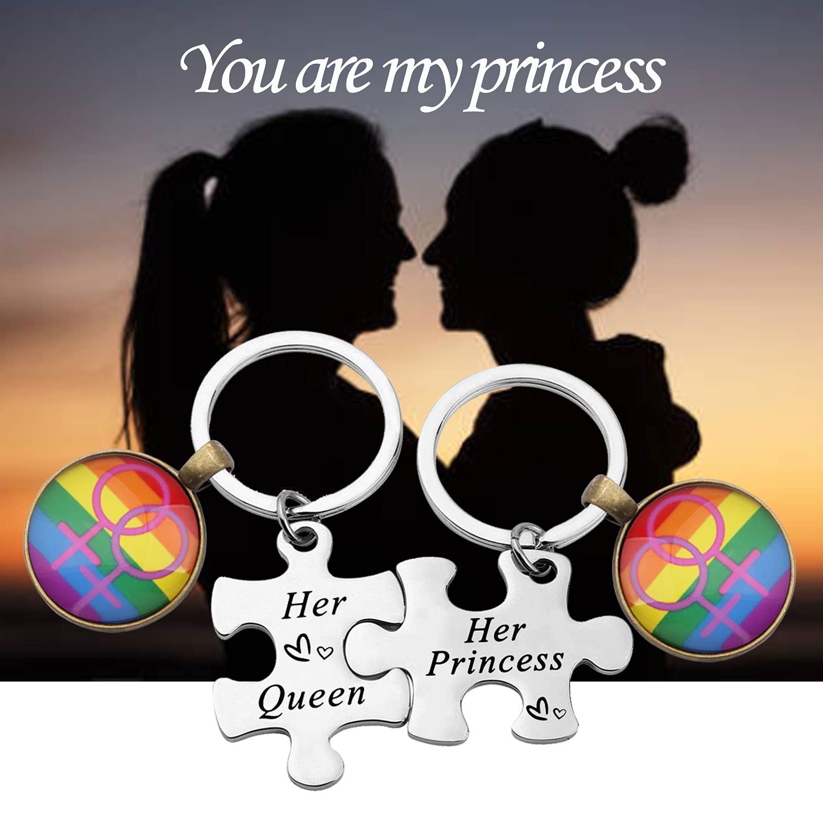 LGBTQ+ Lesbian Keychain Set - Her Princess & Her Queen Couple Keychains - Perfect for Anniversary, Wedding & Pride Gifts - Great for Everyday Carry, Key Rings & Special Occasions