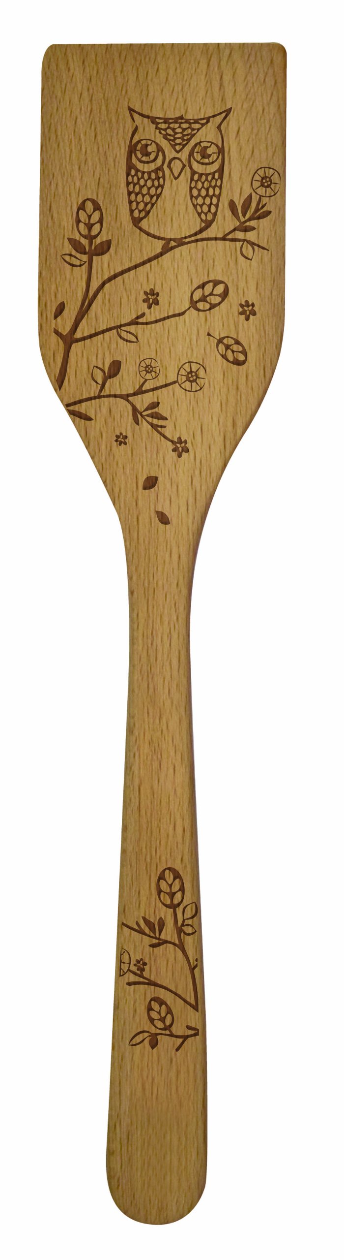 Laser Etched Beechwood Turner Spatula - Woodland Owl Design - Cute & Functional Kitchen Utensil for Cooking, Baking, Flipping Pancakes - Decorative Wooden Turner for Home & Restaurant Use