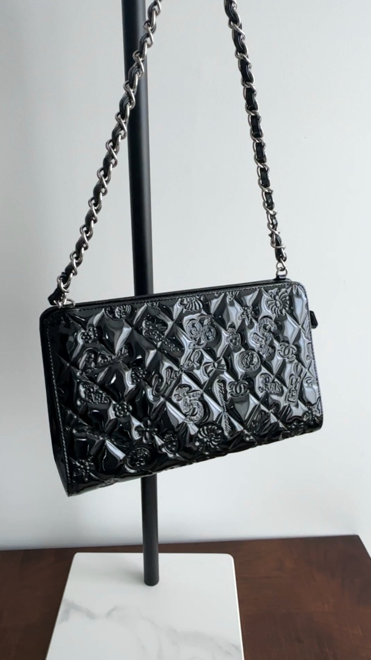 Chanel Black Patent Leather 2006 8 Lucky Symbols Pochette Bag - Luxury Vintage Crossbody Purse for Women, Perfect for Parties & Special Occasions