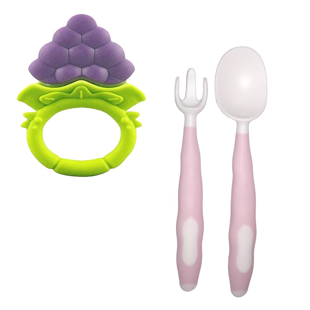 Kritiu BPA-Free Silicone Fruit Teether & Baby Spoon Set - Safe Teething Toy & Feeding Utensils for Infants 6+ Months (Blue & Pink) - Perfect for Soothing Sore Gums & Introducing First Foods