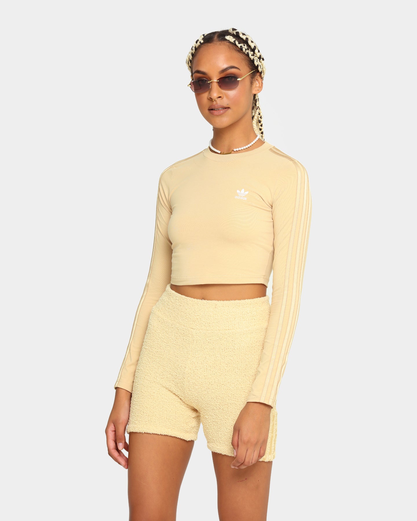 Adidas Women's Cropped Long Sleeve T-Shirt - Soft Hazy Beige Athletic Top for Running, Yoga & Casual Wear