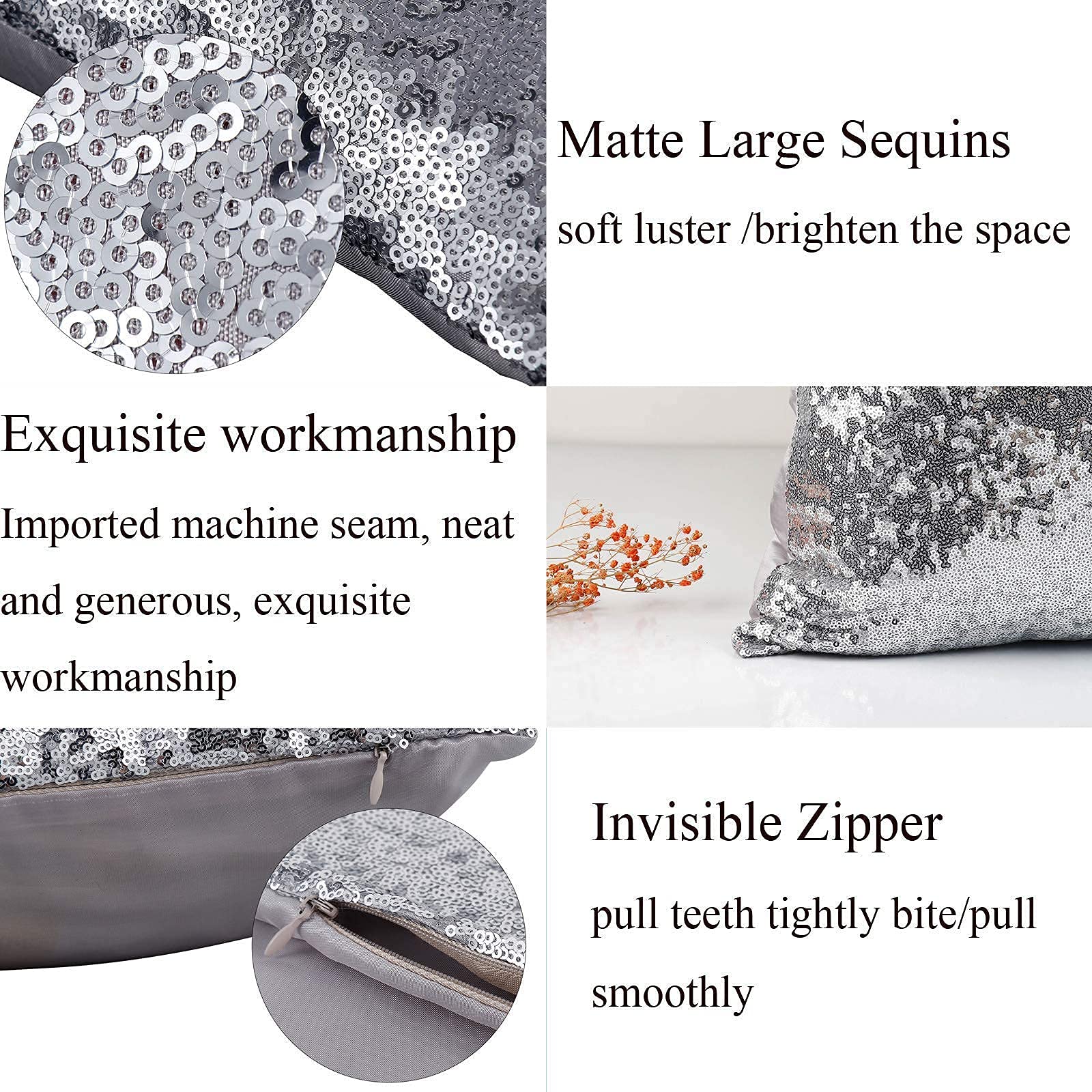 2PCS Silver Sequin Decorative Throw Pillows 18x18 Inch - Glitter Square Solid Pillow Covers with Hidden Zipper for Home, Bedroom, Living Room, Wedding & Party Decor - Perfect for Sofa, Couch and Home Styling