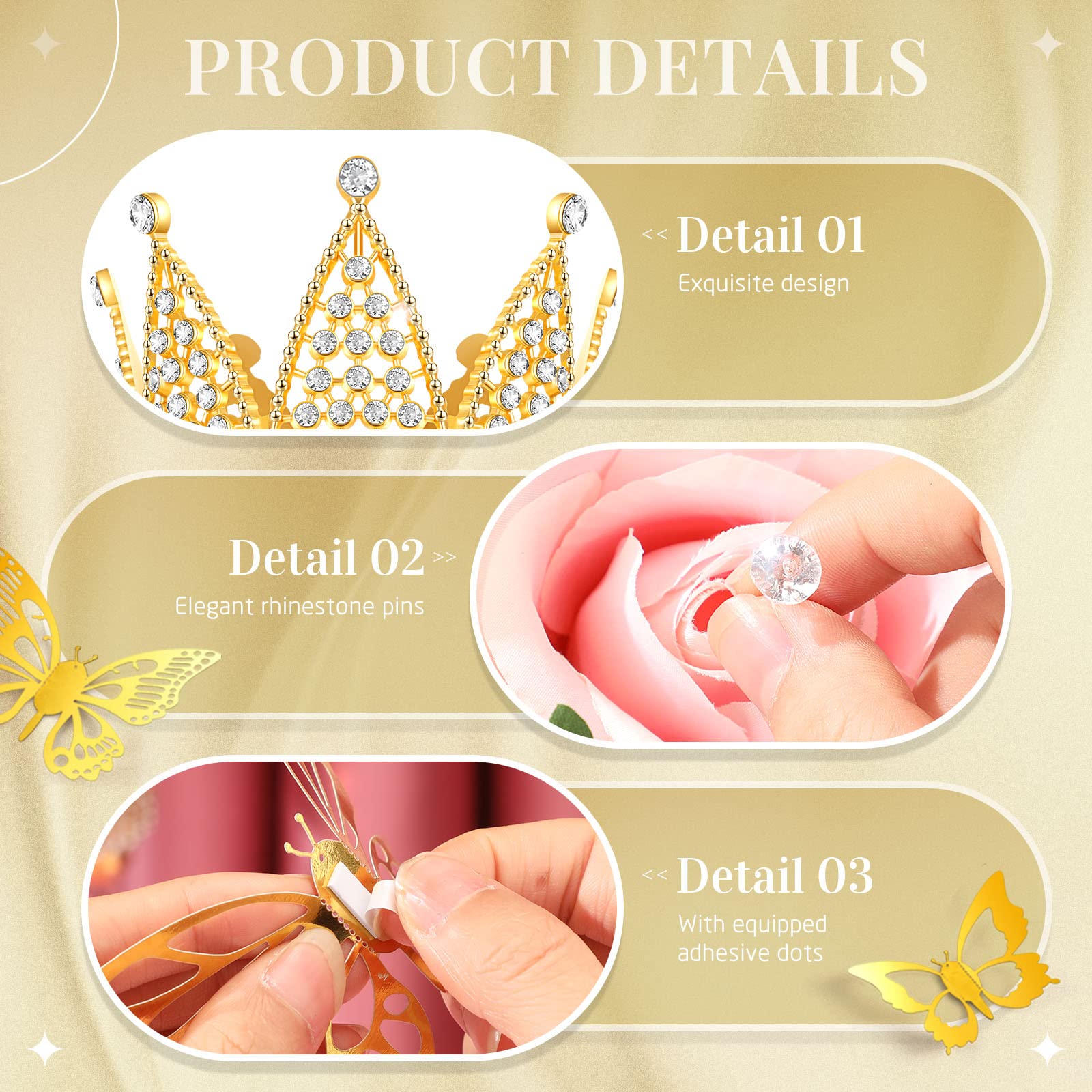 Estune 202-Piece Floral Bouquet Accessory Kit - 6 Mini Gold Crowns, 96 3D Gold Butterflies & 100 Diamond Flower Pins for Wedding, Birthday Party & Cake Decorations | DIY Floral Arrangement Supplies for Centerpieces, Gift Wrapping & Craft Projects