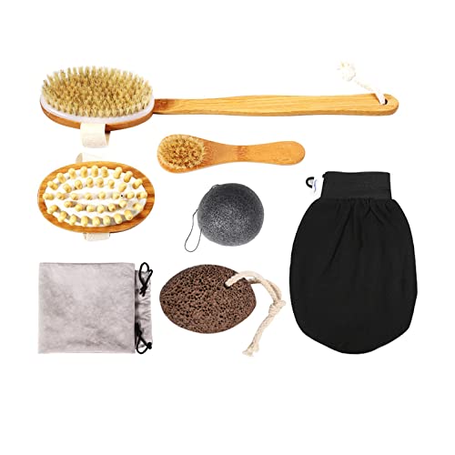 7-Pack Dry Brushing Set with Natural Boar Bristles - Body Brush, Face Brush, Konjac Sponge, Pumice Stone, Shower Gloves & Flannel Bag for Cellulite Reduction & Skin Exfoliation - Perfect for Spa Day, Self-Care Routine & Lymphatic Drainage Massage
