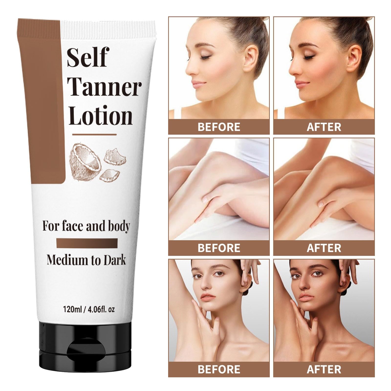 Best Self Tanner Lotion for Face & Body - Natural Aloe Vera & Coconut Moisturizing Tanning Milk, 24H Hydration, Streak-Free Fake Tan, Non-Staining Formula (Medium to Dark) - Perfect for Summer Glow, Beach Vacations & Everyday Tan Maintenance