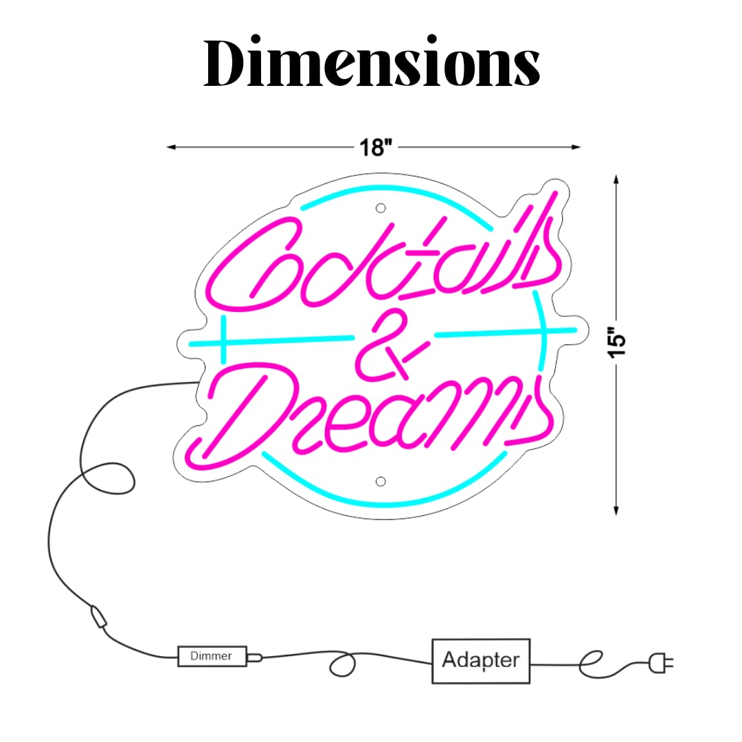 Cocktails and Dreams Neon Sign - LED Wall Decor for Home Bar, Club, Hotel & Cafe - Perfect for Wedding, Birthday Party & Gifts - Beautiful Cocktail-Themed Neon Light - Ideal for Home Decor, Man Cave, Game Room & Nightlife Venues