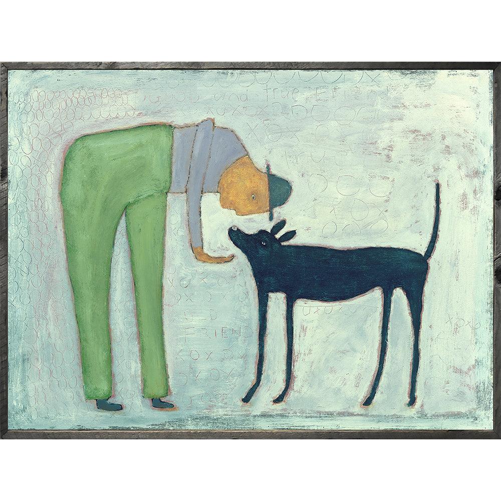 Man With Dog Grey Wood Art Print - Handmade Canvas Wall Decor for Living Room, Bedroom & Office - Perfect Gift for Pet Lovers & Home Decor