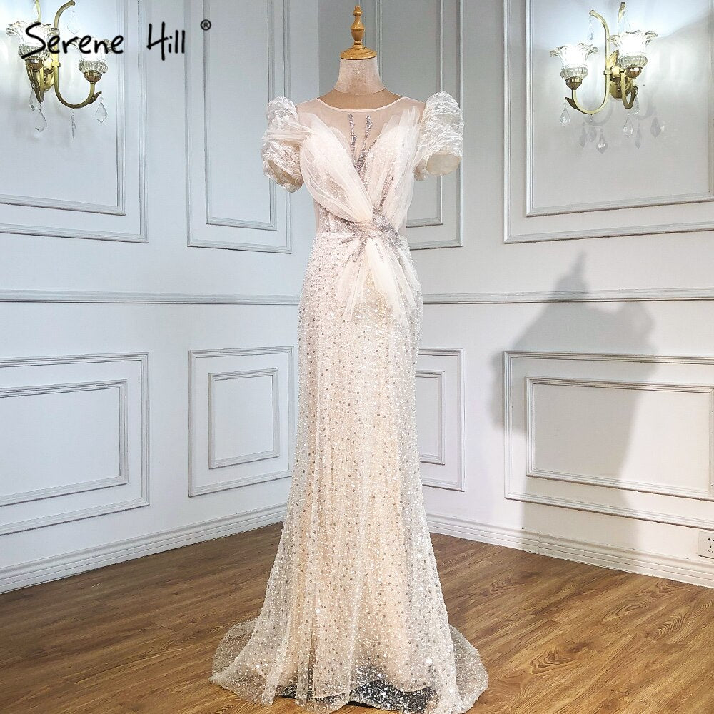Elegant Ivory Beaded Puffy Sleeves Mermaid Evening Gown for Women - Luxury Party Dress for Prom, Wedding & Special Occasions - Serene Hill LA71300