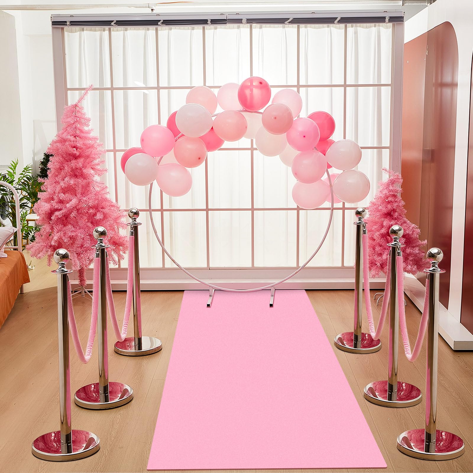 76-Piece Pink Party Carpet Runner Set with Floor Runner, Double-Sided Tape, Stanchion Posts, Velvet Ropes & Balloons - Wedding, Birthday, Red Carpet Event Decorations