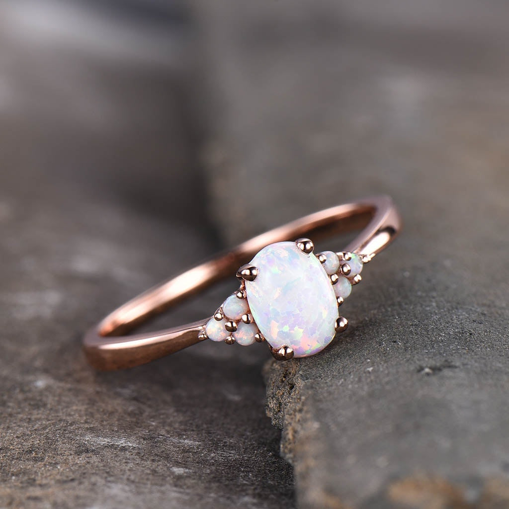 14K/18K Oval Opal Engagement Ring - Elegant Cluster Opal Oval Cut Ring for Women | Perfect for Weddings, Proposals & Anniversary Gifts