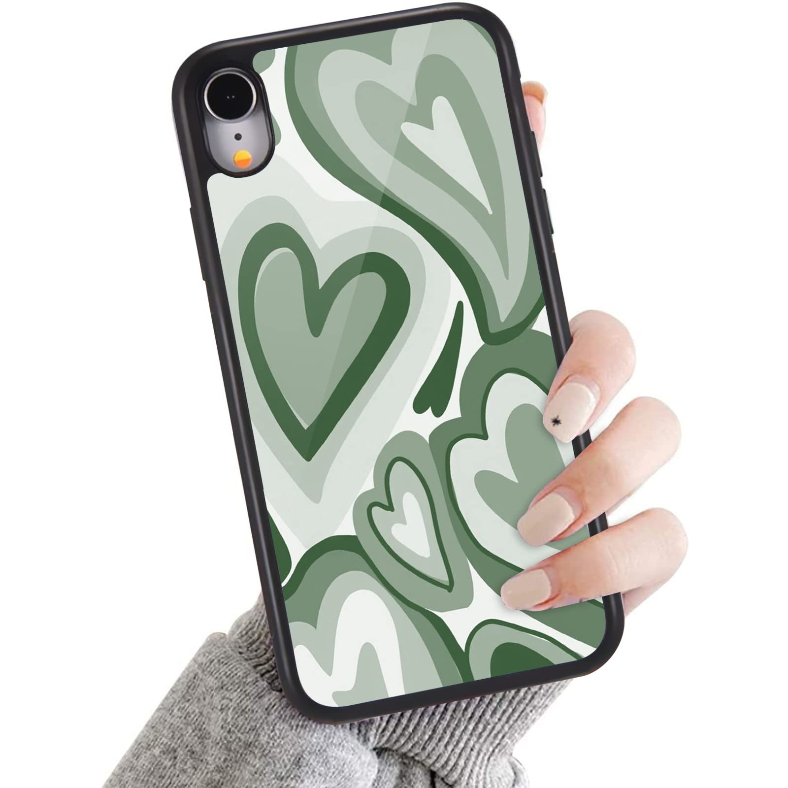 Cute Green Love Heart Print Soft TPU Hard Back Shockproof iPhone 13 Pro Max Case for Women - Anti-Scratch Protective Cover with Durable Design, Perfect for Everyday Use, Travel & Gift Giving
