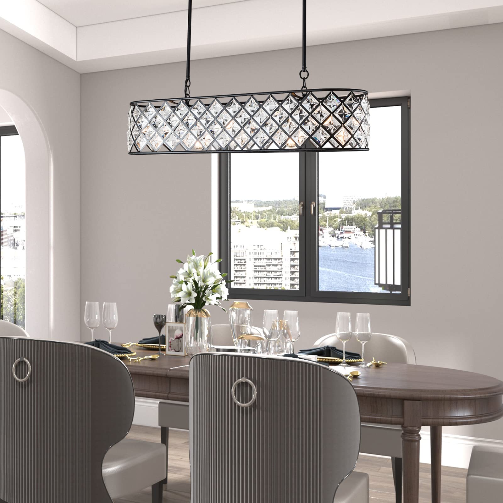 Maxax 55-Inch Rectangular Crystal Chandelier - Modern 5-Light Beaded Raindrop Pendant Ceiling Light in Antique Black | Perfect for Dining Room, Kitchen Island, Living Room & Entryway Lighting