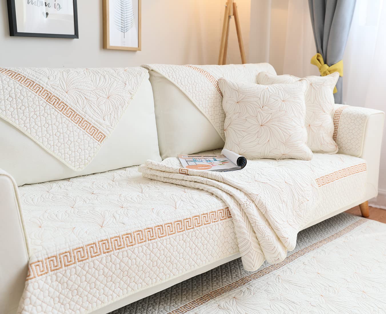 VCTOPS Embroidered Cotton Quilted Sofa Slipcover - Soft Sectional Couch Cover for Pets, Recliner & L-Shaped Couches (Cream Flower, 28