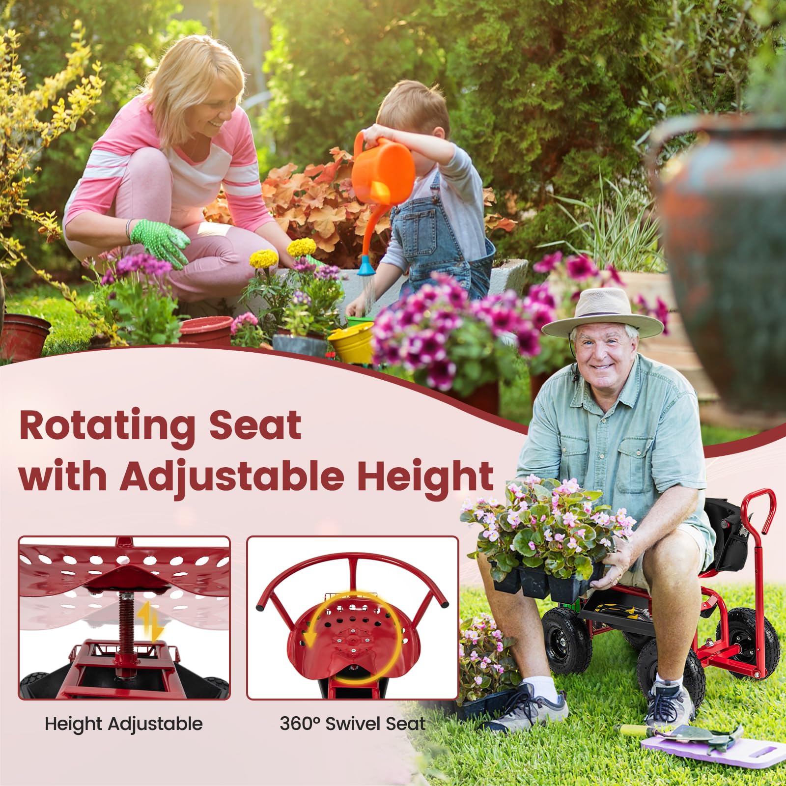 **Goplus Rolling Garden Seat with Wheels - Adjustable 360° Swivel Stool, Tool Tray & Storage Basket, Extendable Handle - Outdoor Gardening Scooter & Work Seat for Seniors - Perfect for Planting, Weeding, and Yard Work**