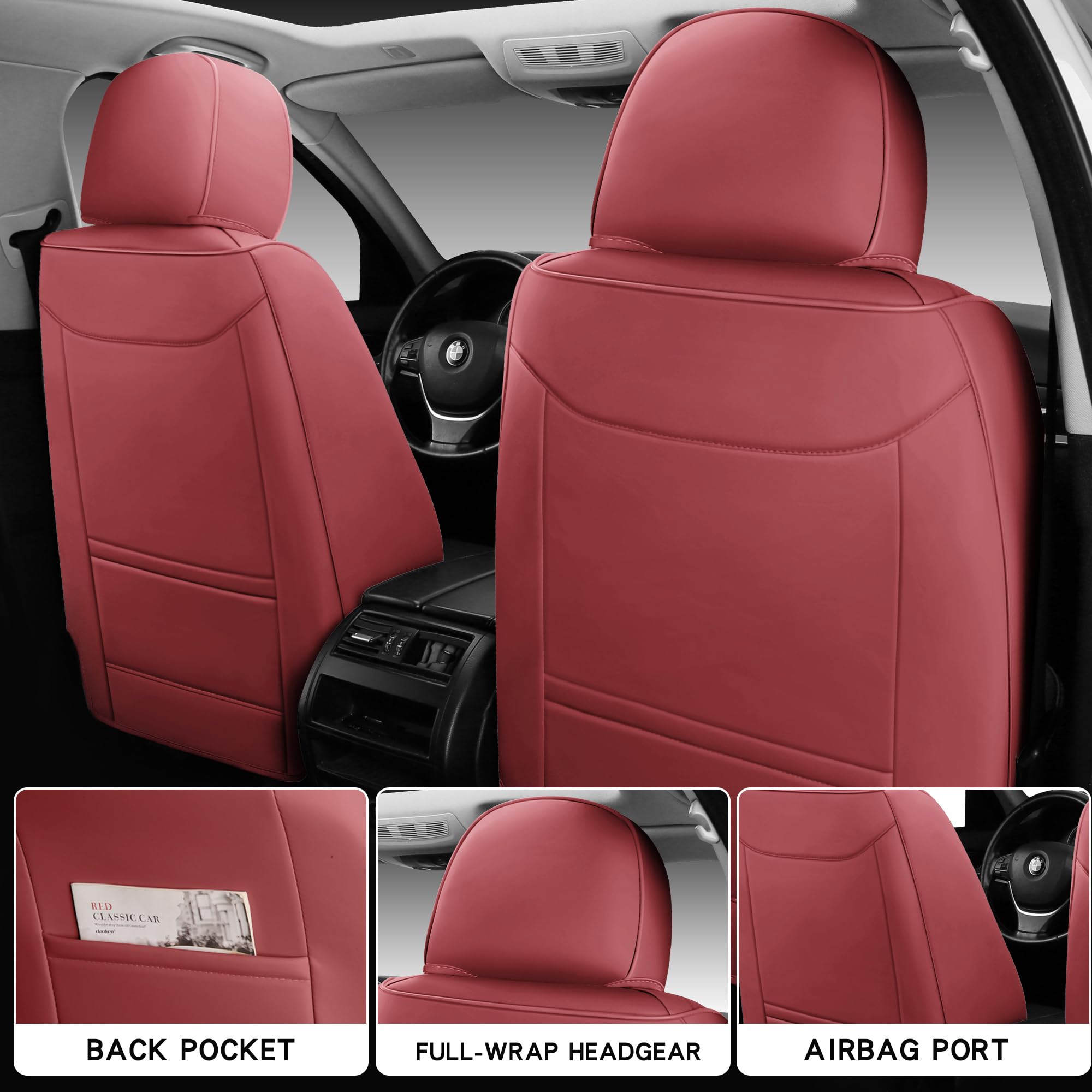 Premium Universal Fit Full Coverage Leather Car Seat Covers - Waterproof Luxury Protector for Sedans, Trucks & SUVs - 5-Seat Set in Elegant Wine Red - Perfect for Road Trips, Daily Commutes & Family Travel