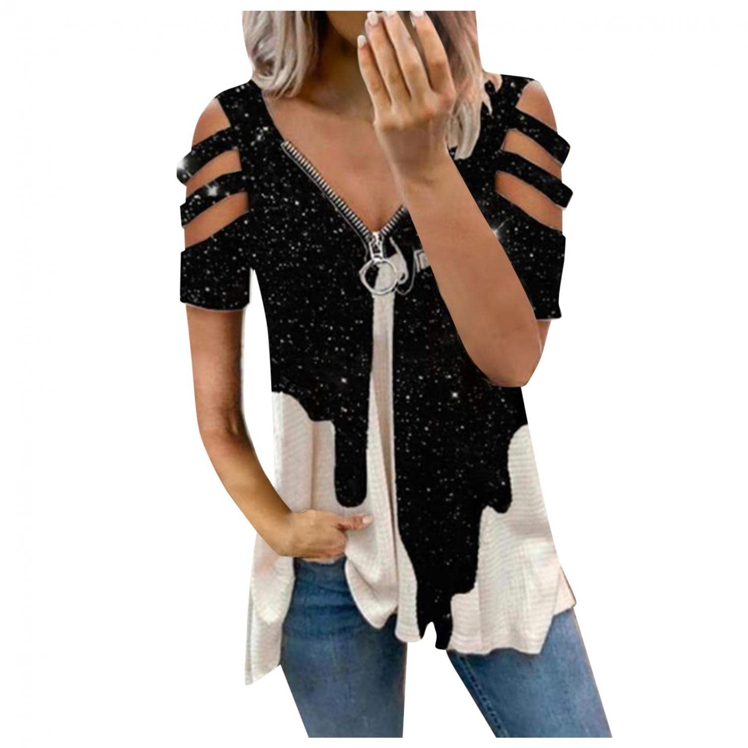 Sexy Off Shoulder Women's Tops - V Neck Zipper Short Sleeve Blouse for Casual & Dressy Occasions | Perfect for Date Night, Girls Night Out & Summer Parties