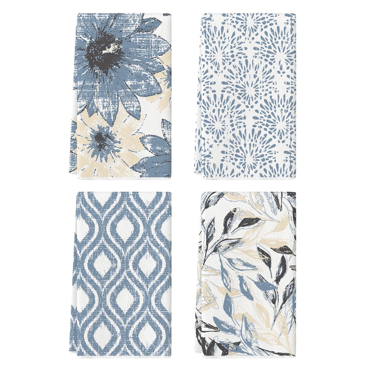 Artoid Mode Blue Floral Leaves Boho Kitchen Towels - Set of 4 (18x26 Inch) | Absorbent Dish Towels & Decorative Hand Towels for Farmhouse, Rustic & Bohemian Kitchens | Perfect for Drying Dishes, Decor & Seasonal Home Styling