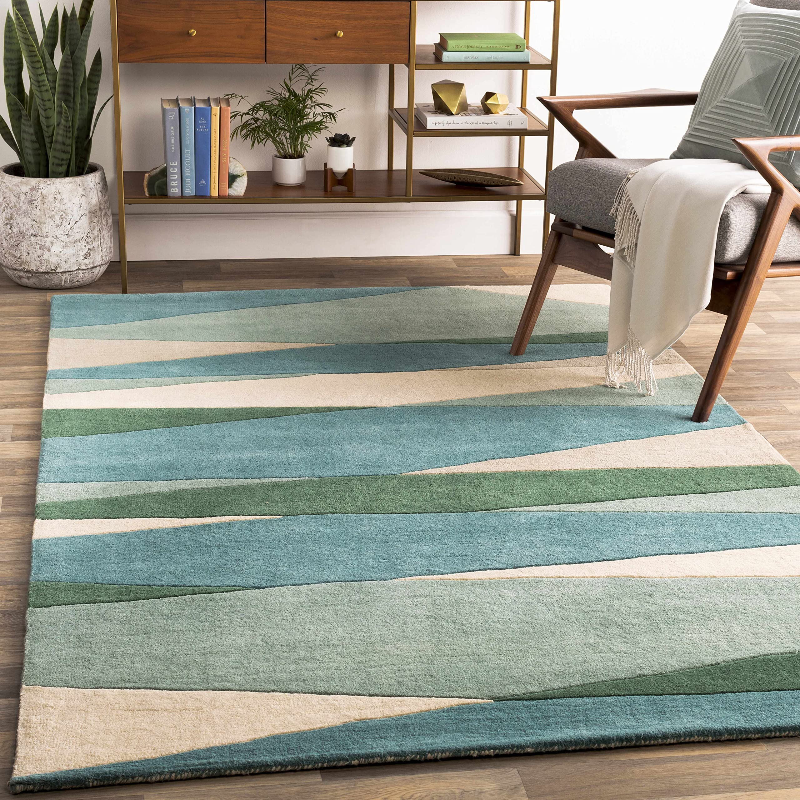 Hauteloom Jarratt Wool Area Rug 5' x 8' - Soft Modern Green & Beige Living Room Bedroom Rug - Perfect for Cozy Home Decor, Family Gatherings & Relaxing Spaces